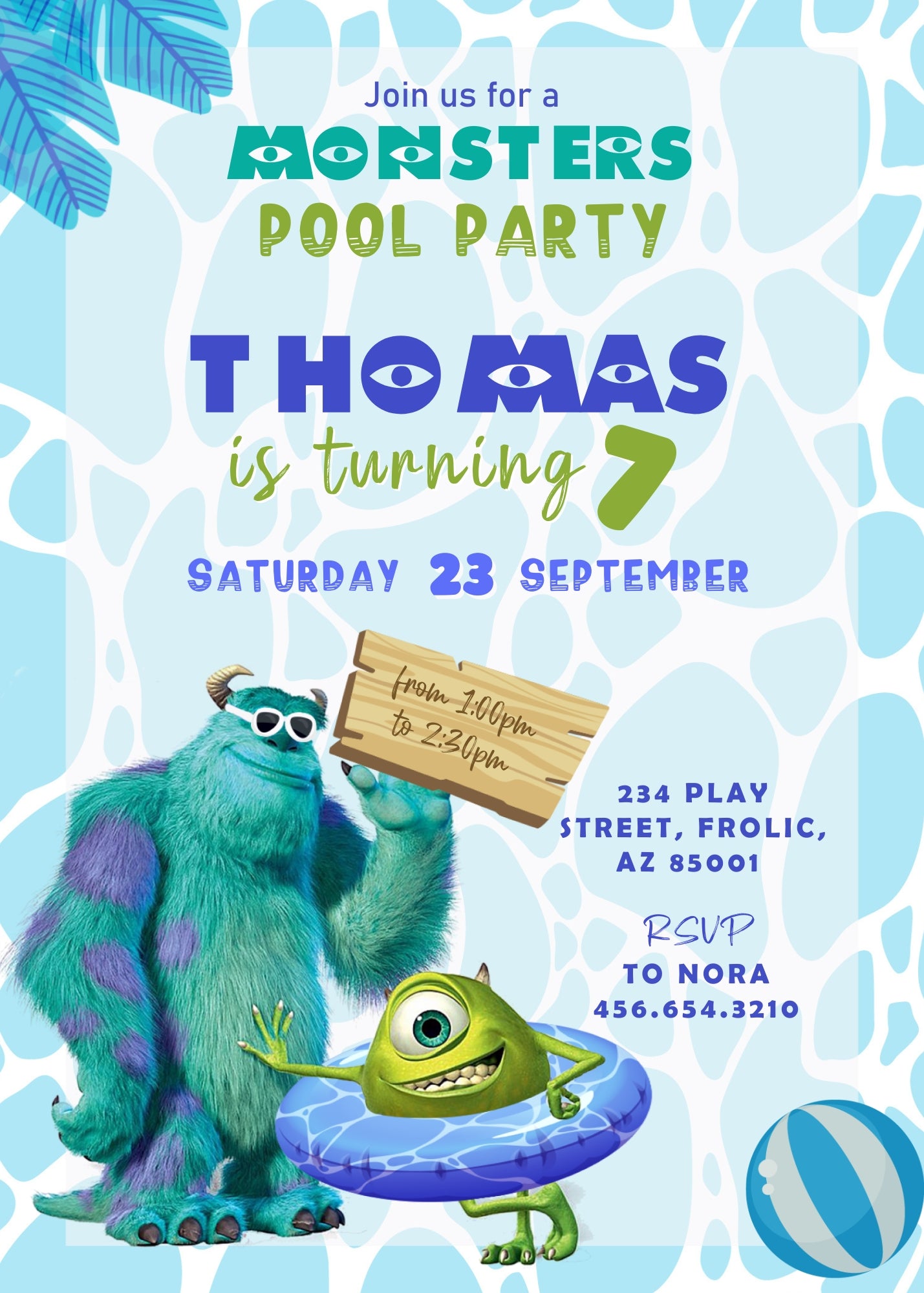 Monsters Inc. Pool Party customizable invitation template | Share or Print | LK016