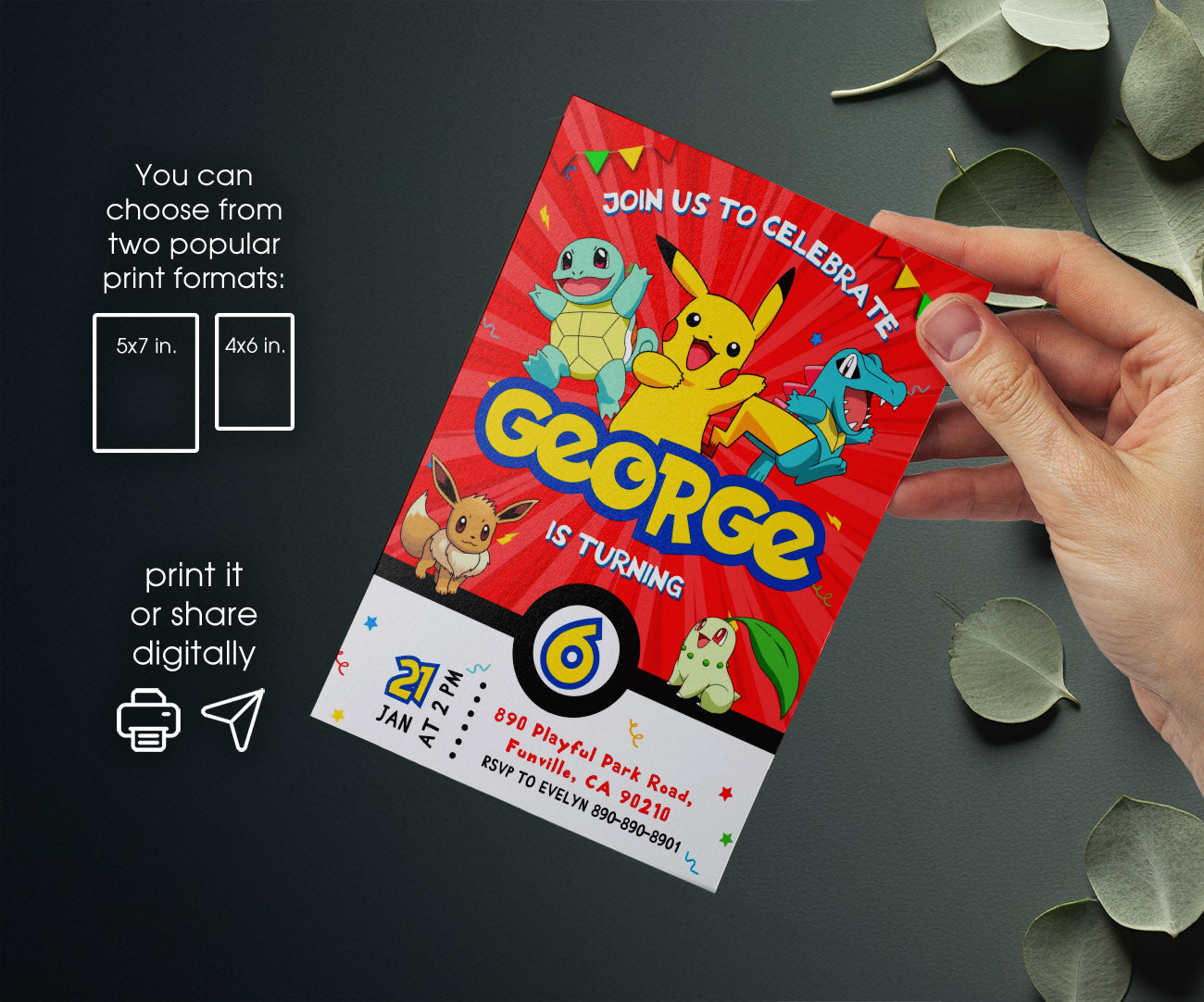 Pokemon Pikachu customizable invitation template | Share or Print | BB892