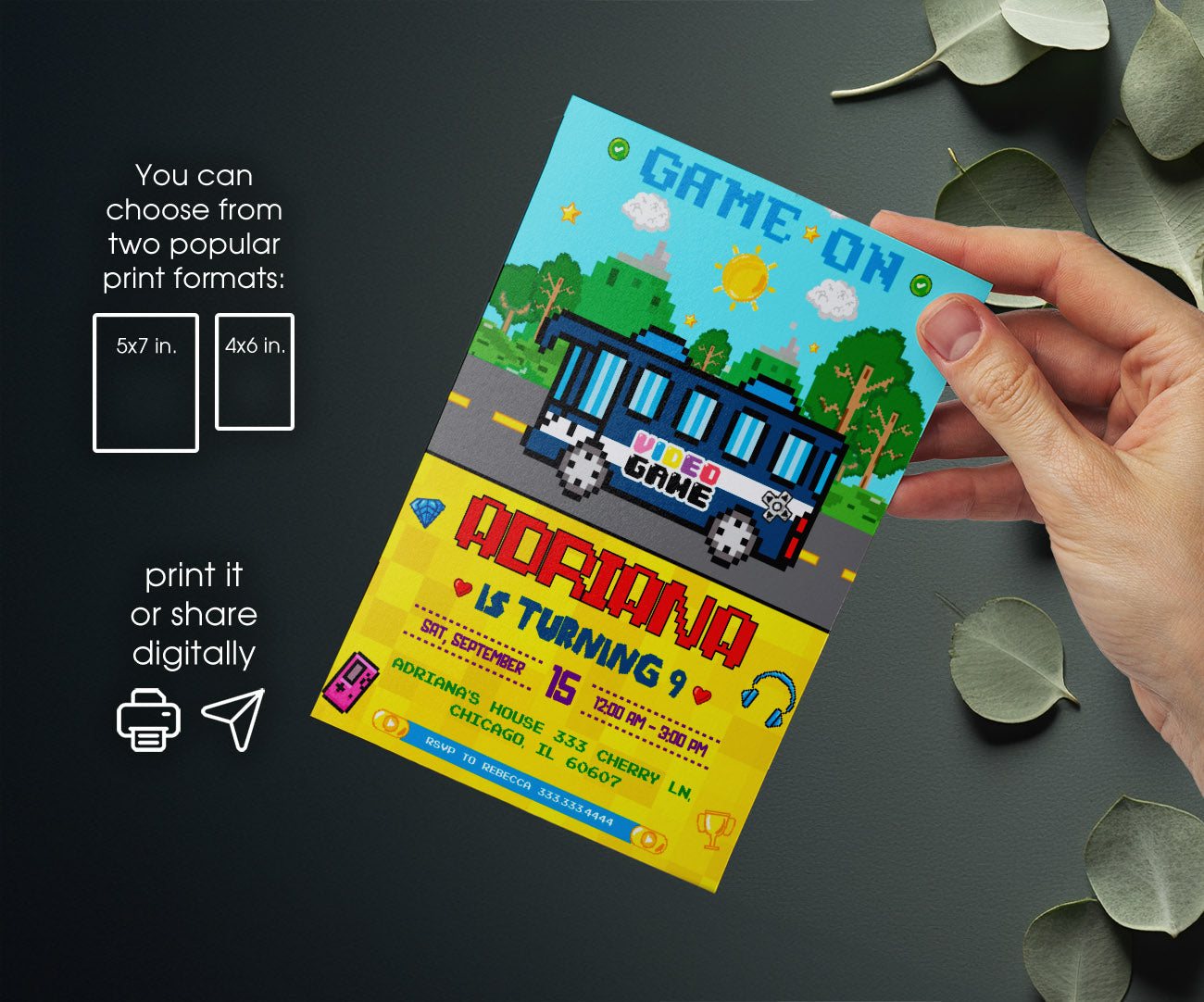 Video Game Bus Gamer customizable invitation template | Share or Print | boy | AG280