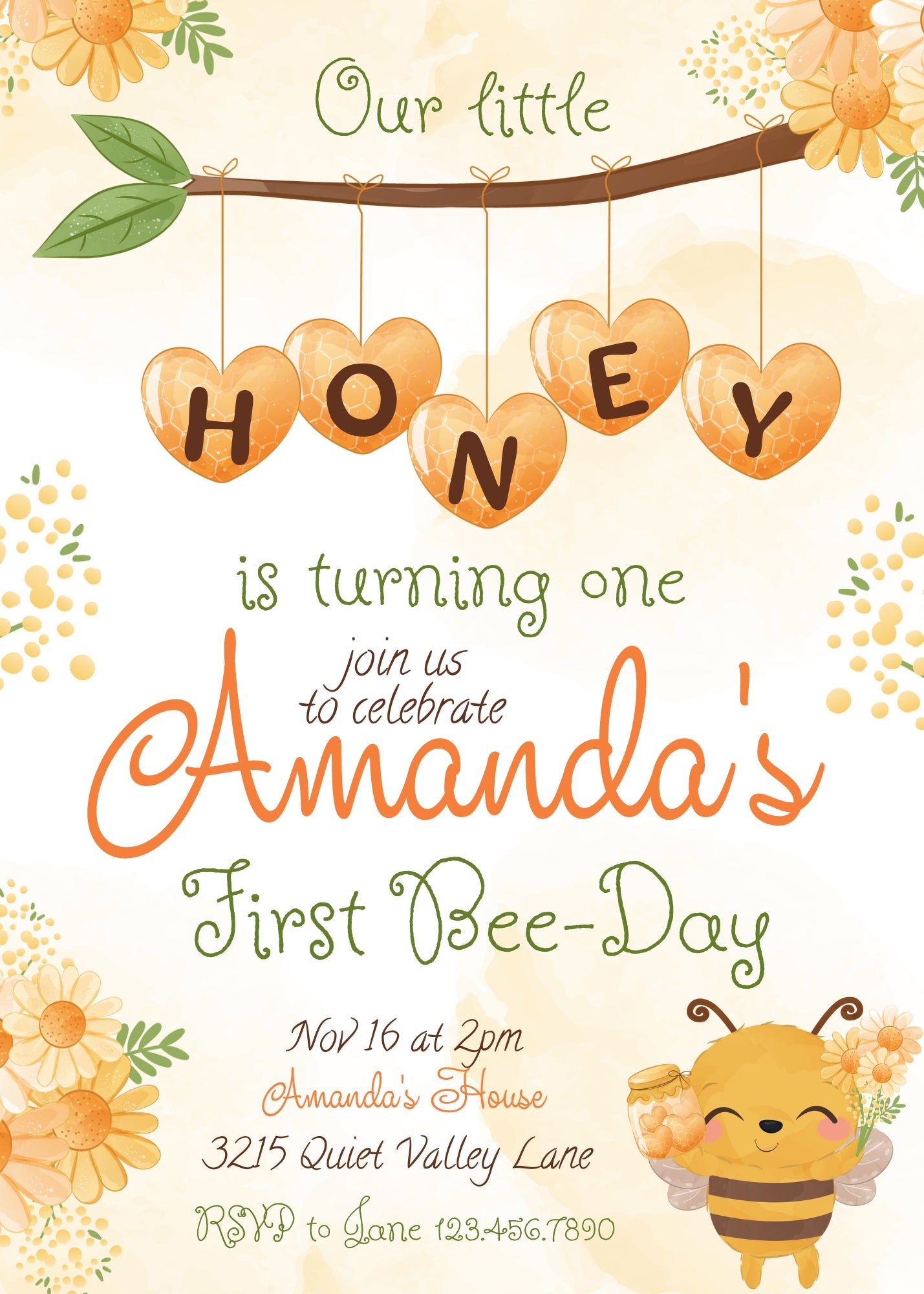 1st Bee Day Party customizable invitation template | Share or Print | IX678