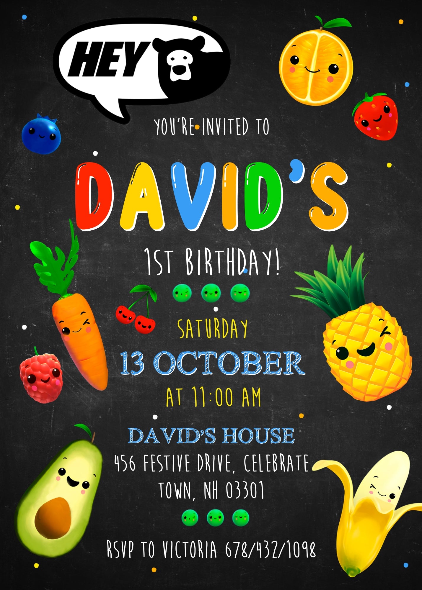 Hey Bear Sensory Dancing Fruits customizable invitation template | Share or Print | MP594