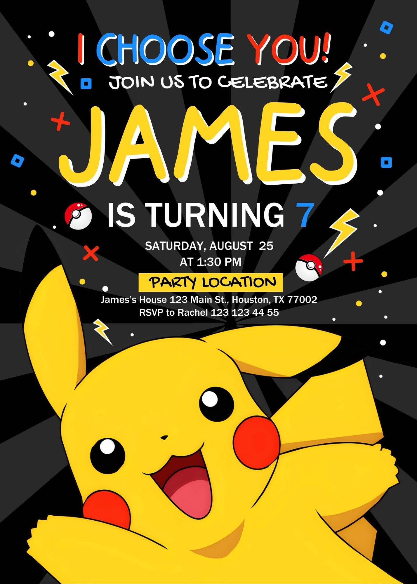 Pokemon Pikachu customizable invitation template | Share or Print | MC586