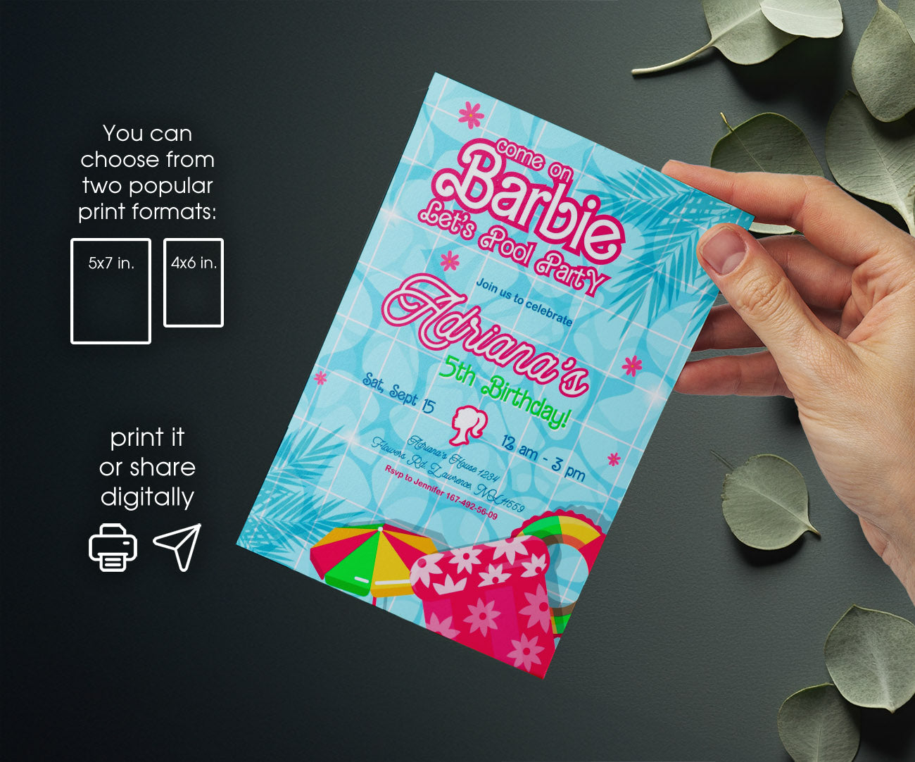 Barbie Pool Pink customizable invitation template | Share or Print | girl | KJ367