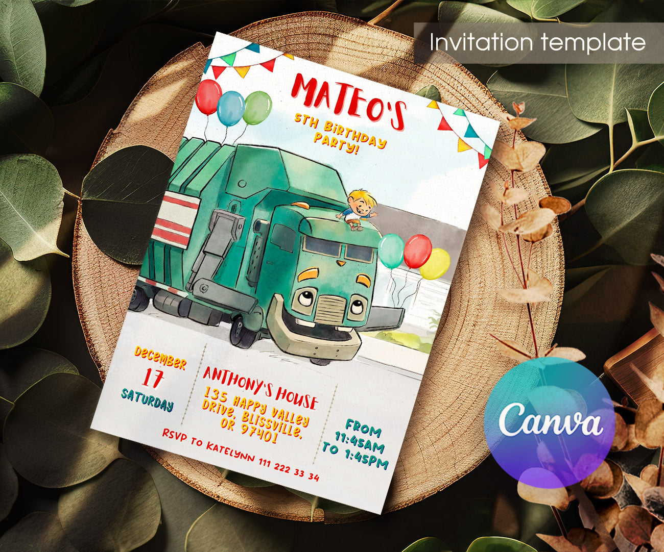 Trash Green Truck customizable invitation template | Share or Print | DF284