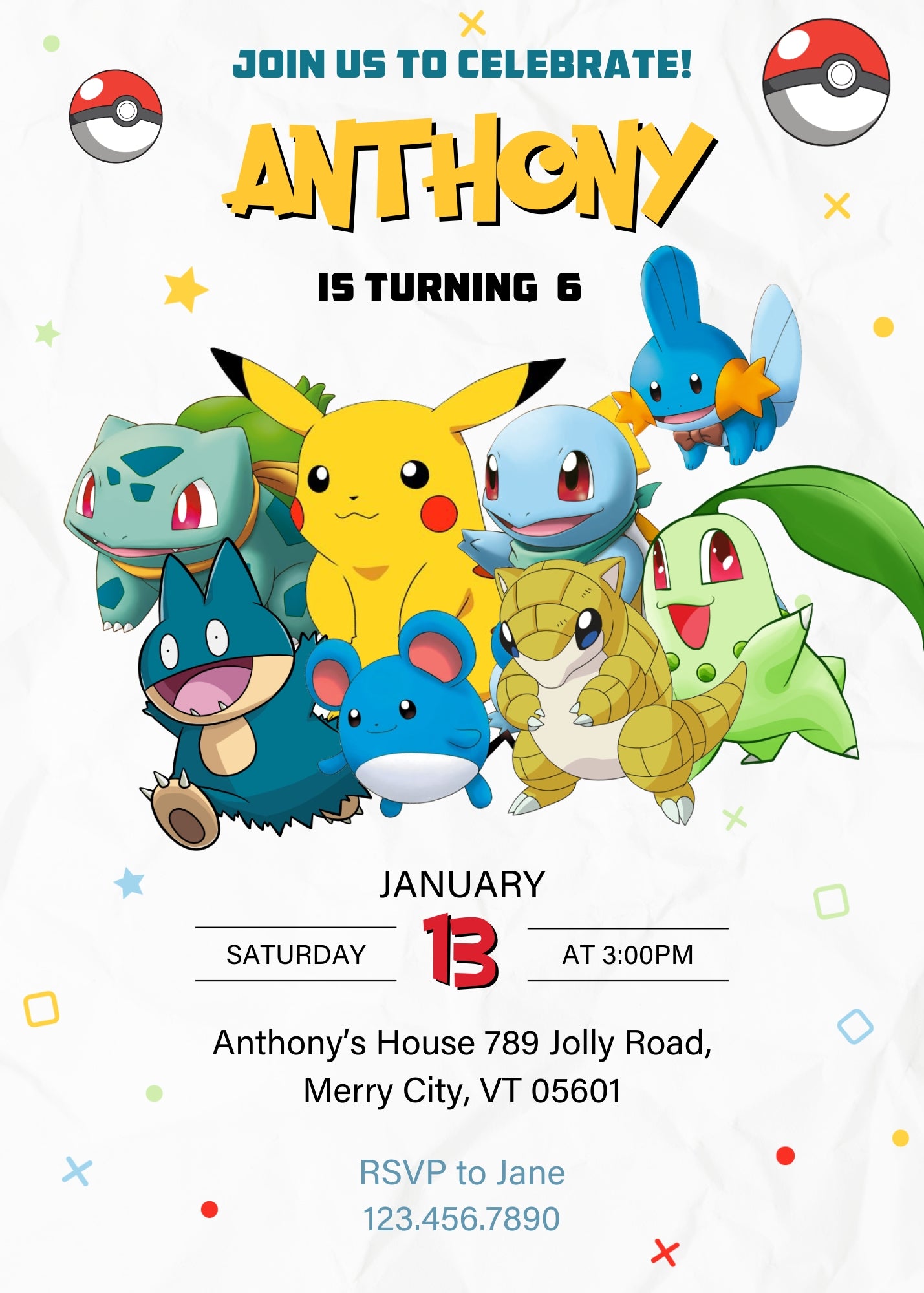 Pokemon Pikachu customizable invitation template | Share or Print | JU366