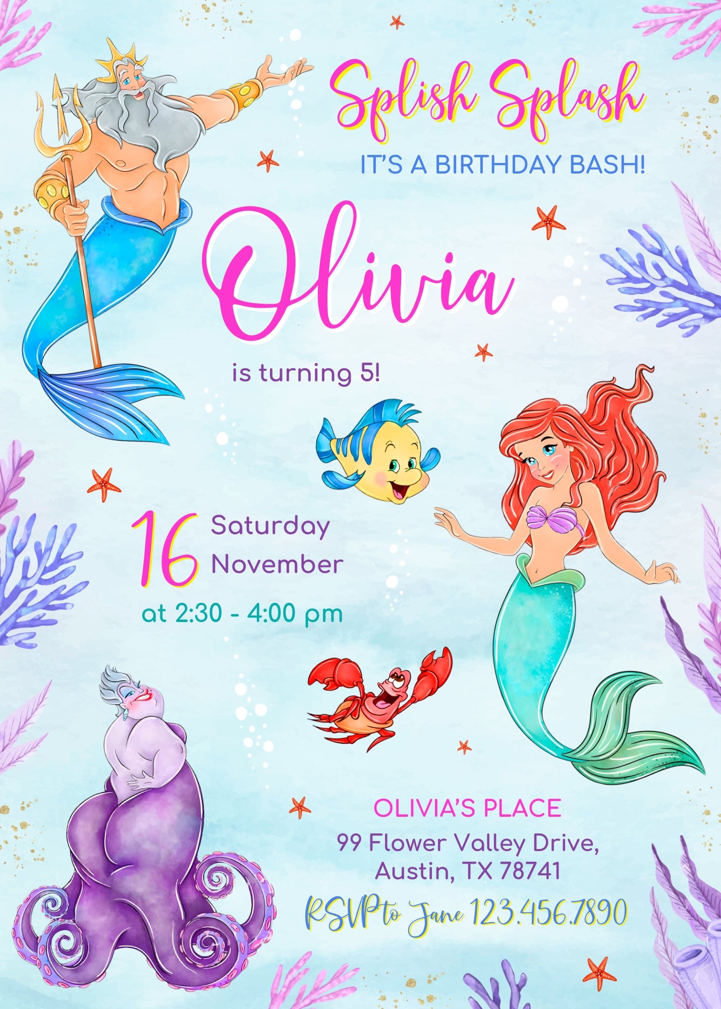 Ariel The Little Mermaid customizable invitation template | Share or Print | girl | DM230