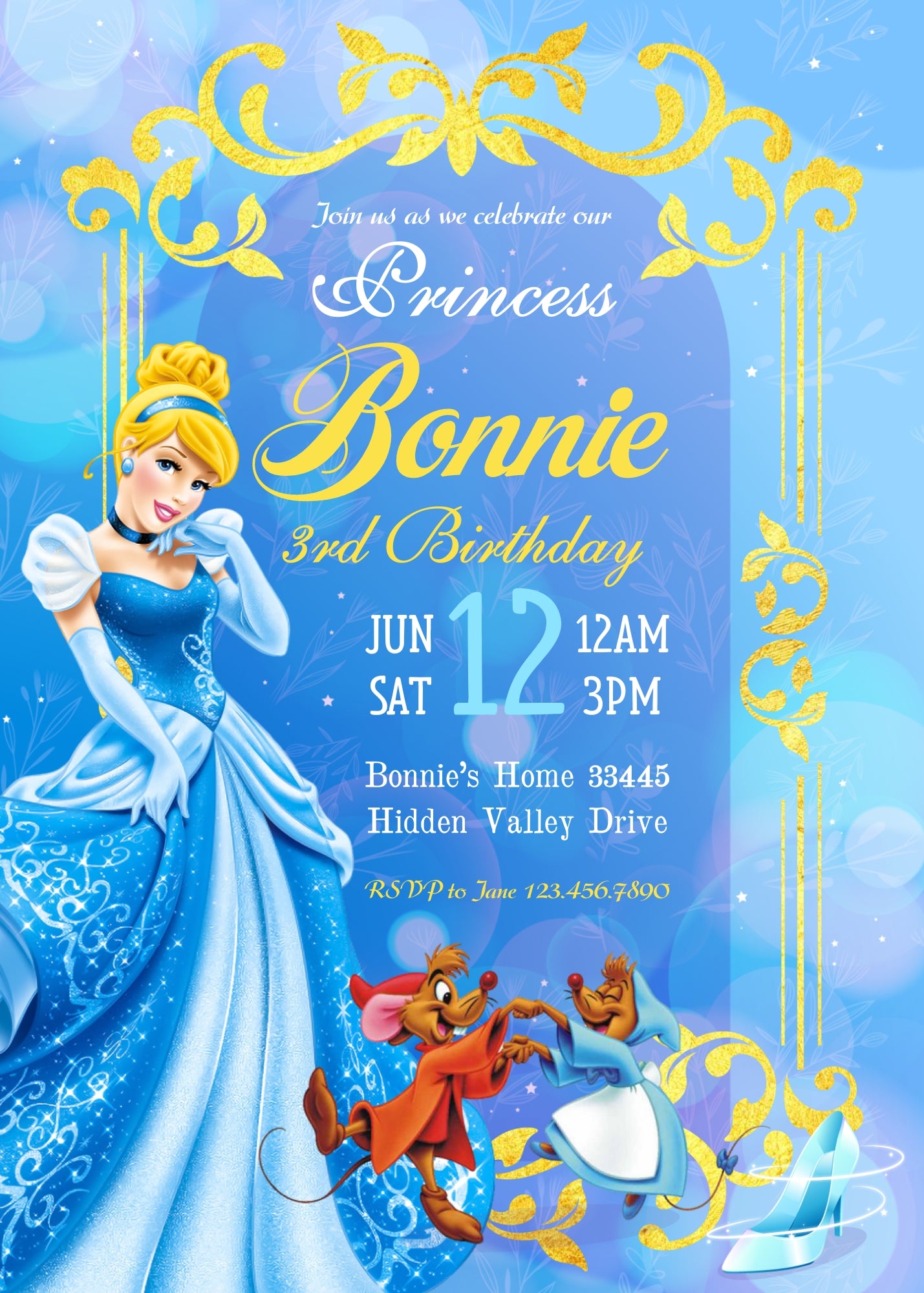 Cinderella Princess customizable invitation template | Share or Print | girl | PG281