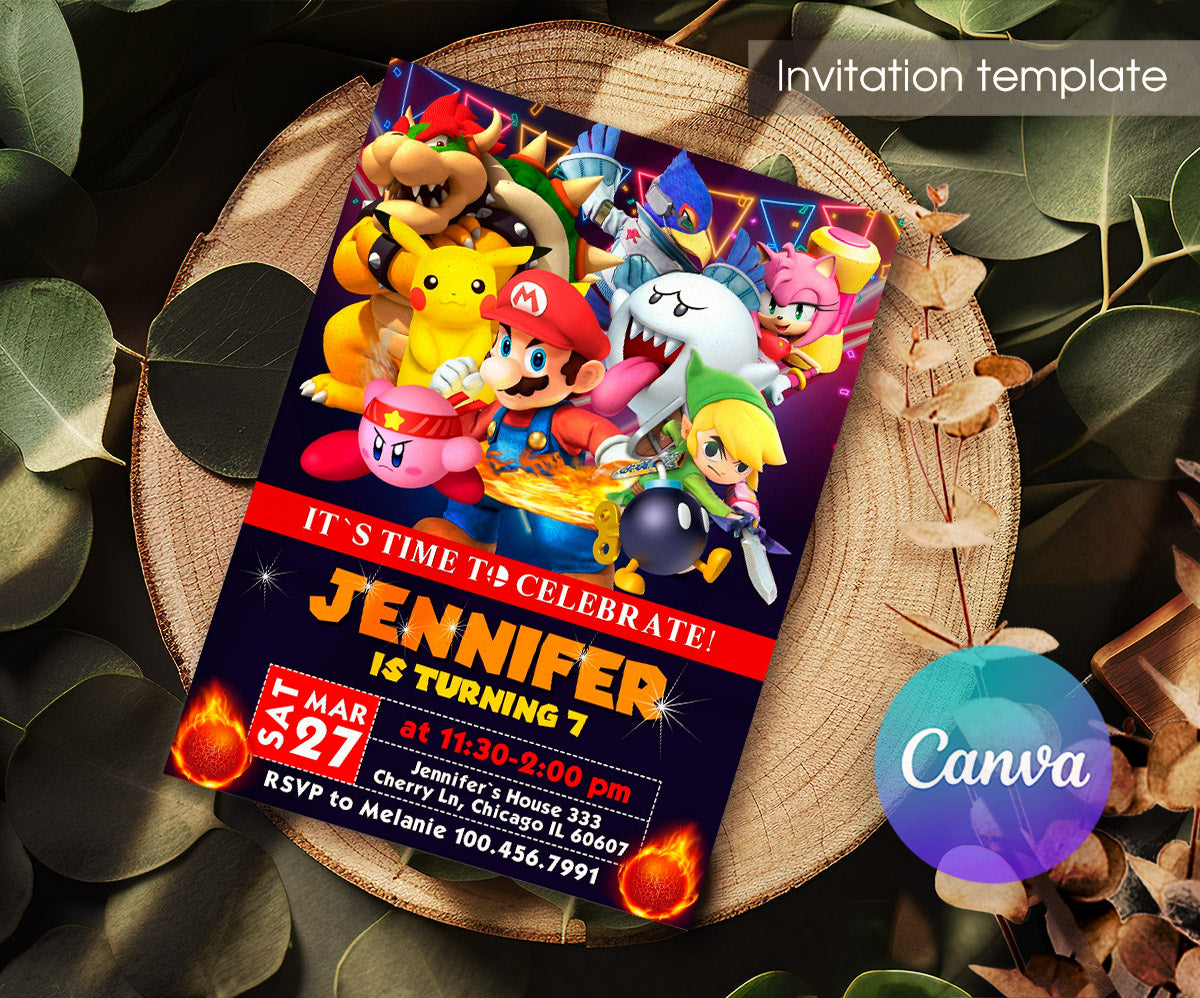 Super Smash Mario Bros customizable invitation template | Share or Print | MT760
