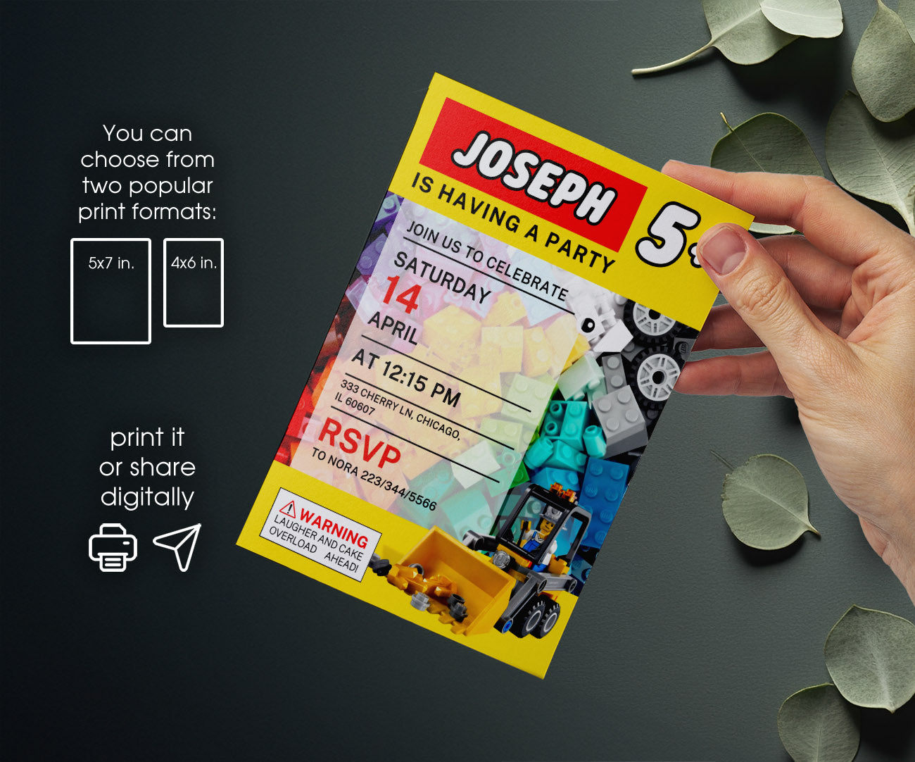 Lego Excavator customizable invitation template | Share or Print | boy | SL620