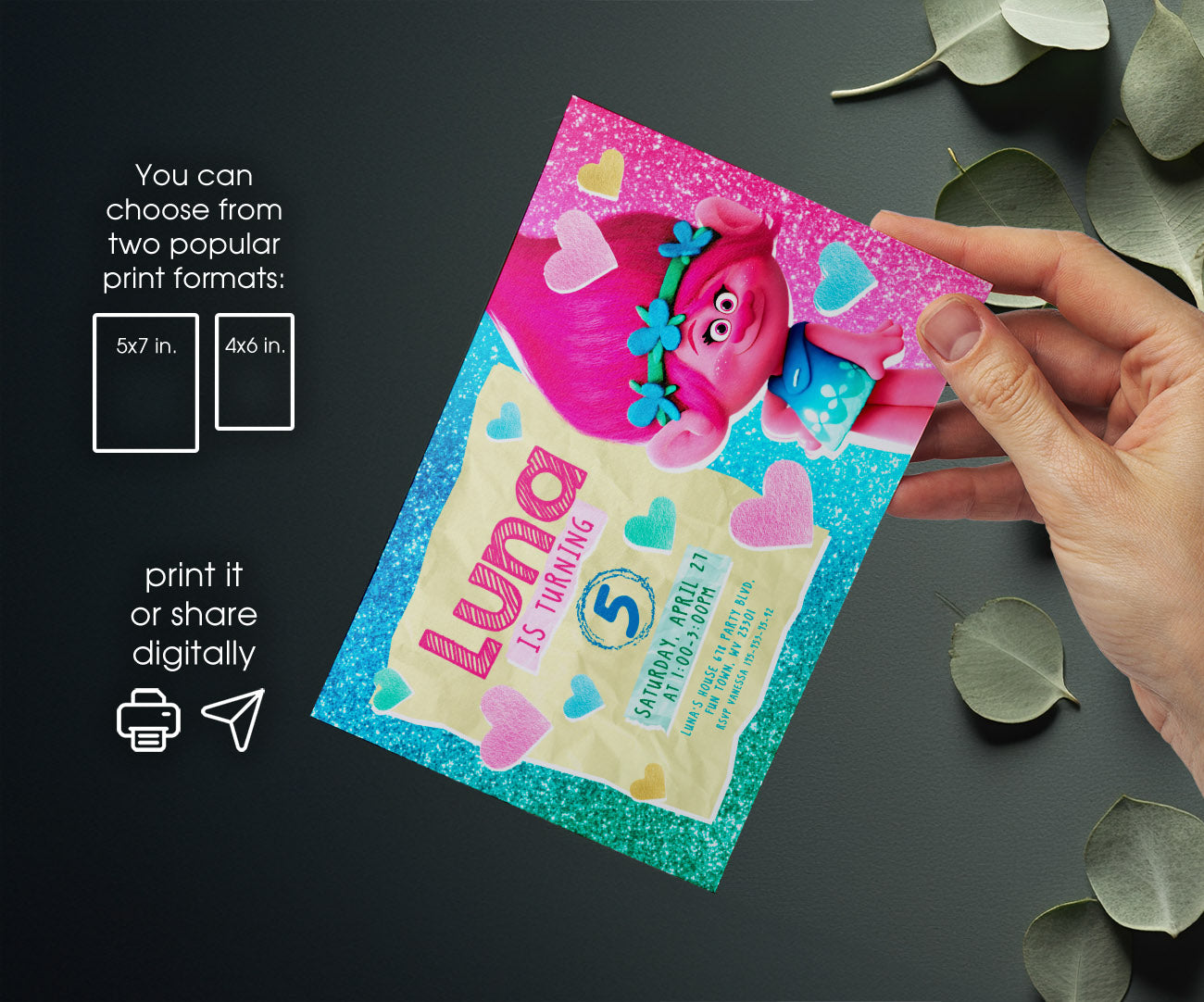Trolls Poppy customizable invitation template | Share or Print | HL864