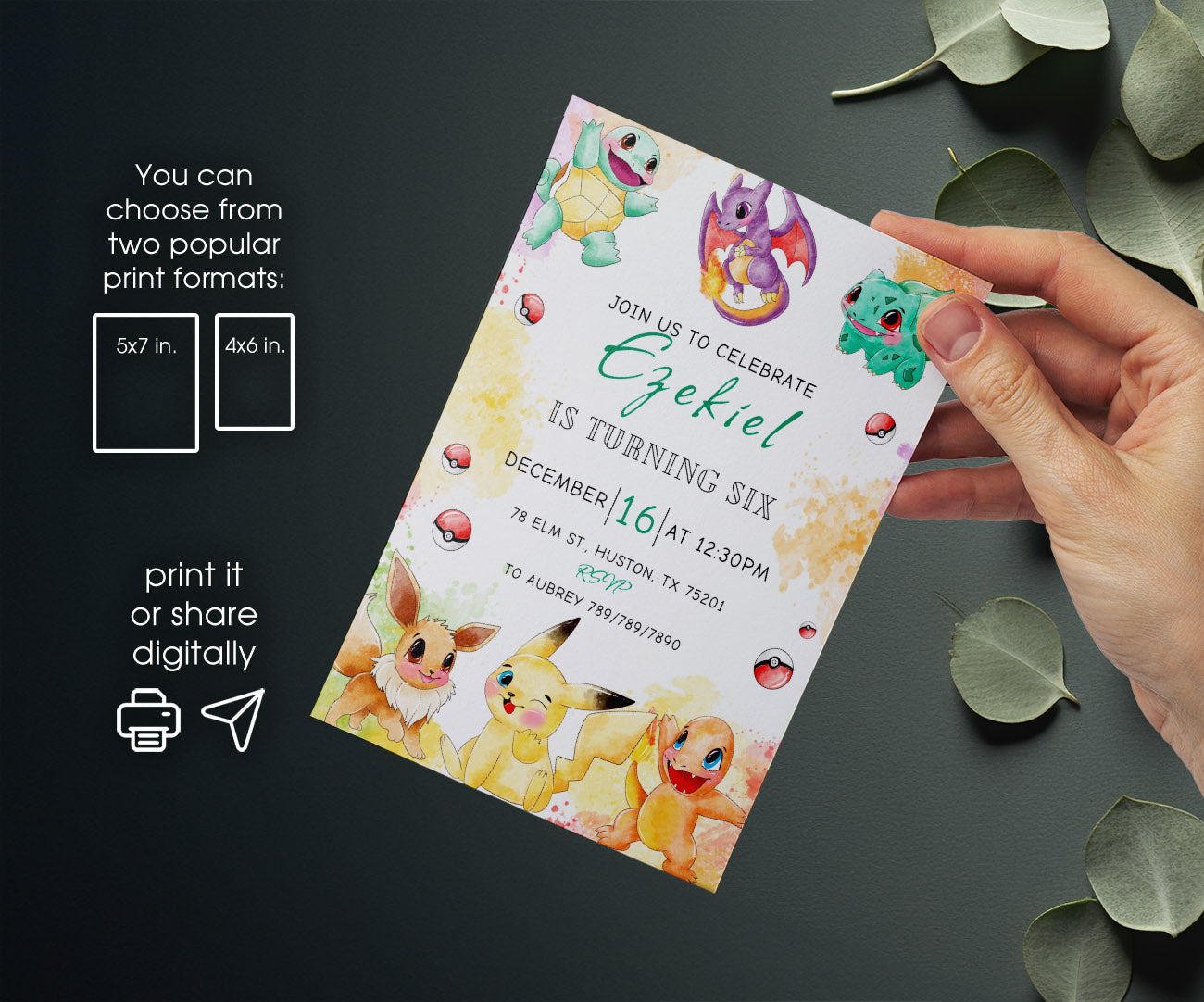 Pokemon Pikachu customizable invitation template | Share or Print | UK639