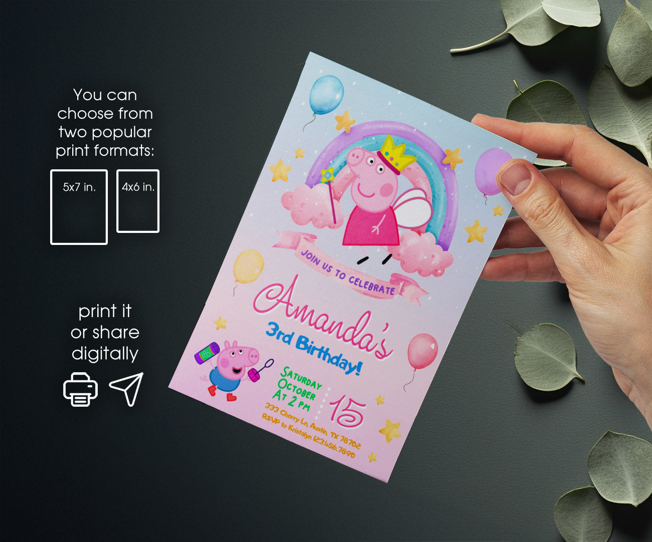 Peppa Pig customizable invitation template | Share or Print | girl | JS145