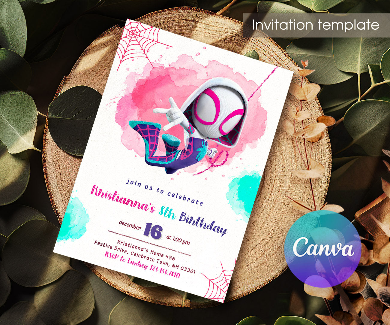 Spider Gwen Ghost Spidey customizable invitation template | Share or Print | girl | ON230