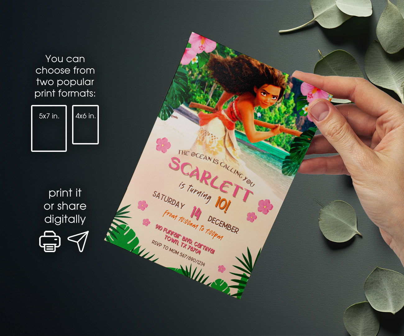 Moana Princess customizable invitation template | Share or Print | girl | HS658