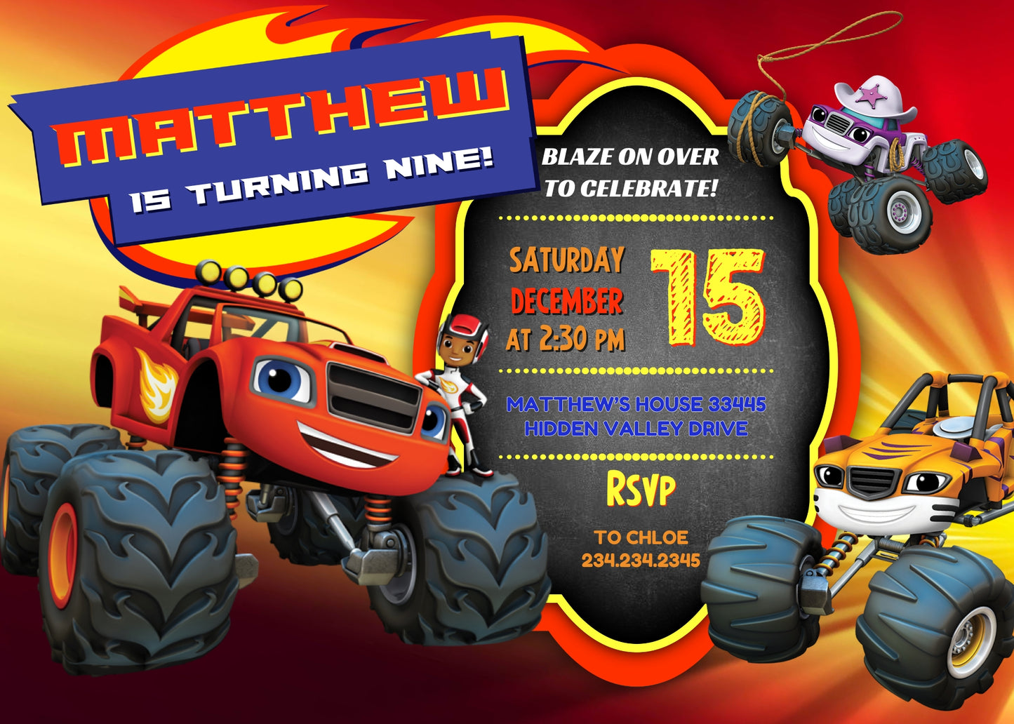 Blaze Monster Machines Trucks customizable invitation template | Share or Print | boy | ID695