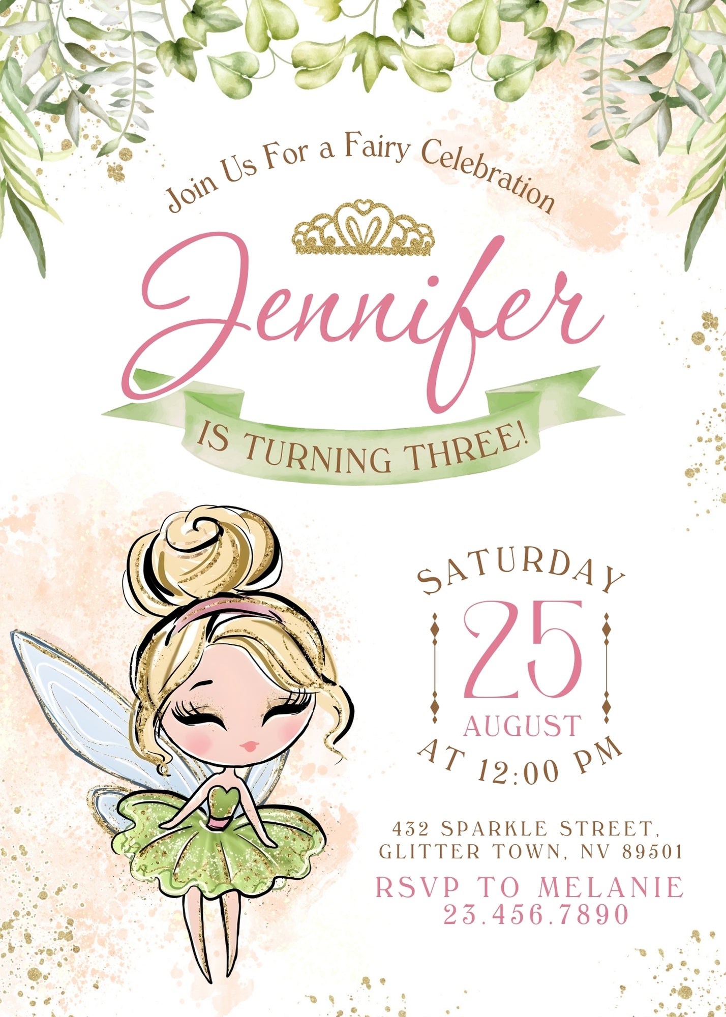 Tinker Bell Fairy Princess customizable invitation template | Share or Print | girl | BC408