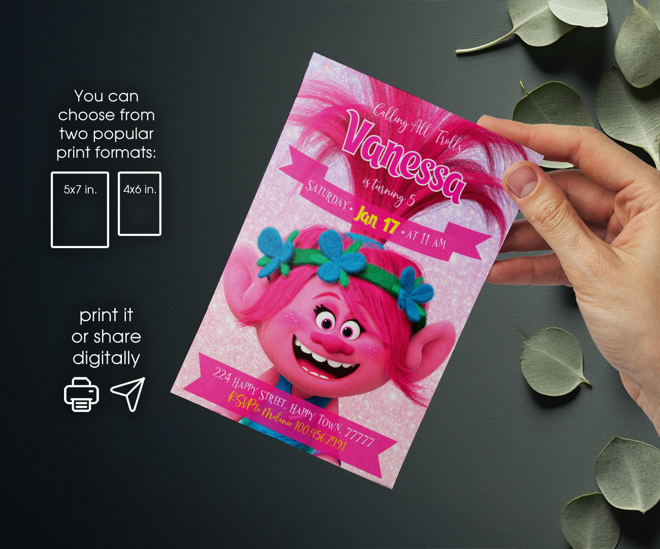 Trolls Poppy customizable invitation template | Share or Print | NE504