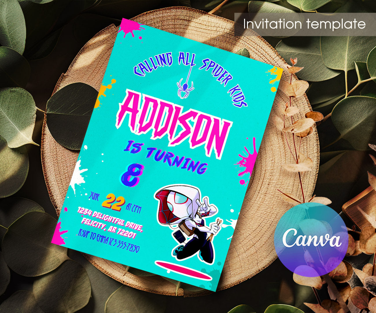 Spider Gwen Ghost Spidey customizable invitation template | Share or Print | girl | JS346