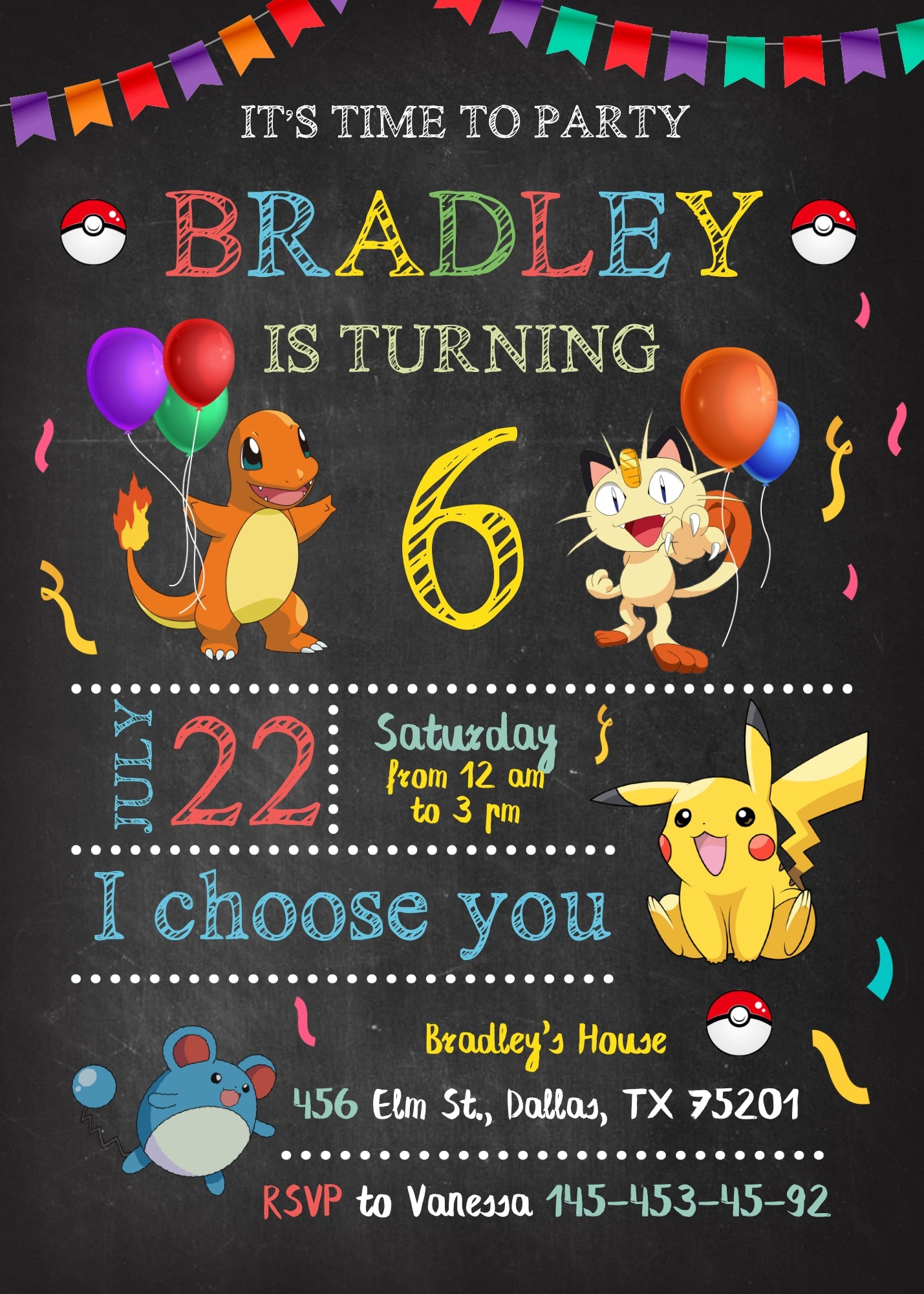 Pokemon Pikachu customizable invitation template | Share or Print | IX560
