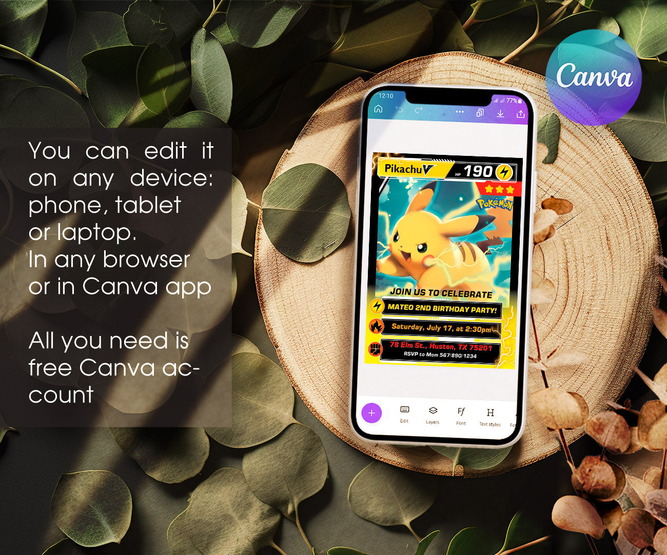 Pokemon Pikachu customizable invitation template | Share or Print | VQ709