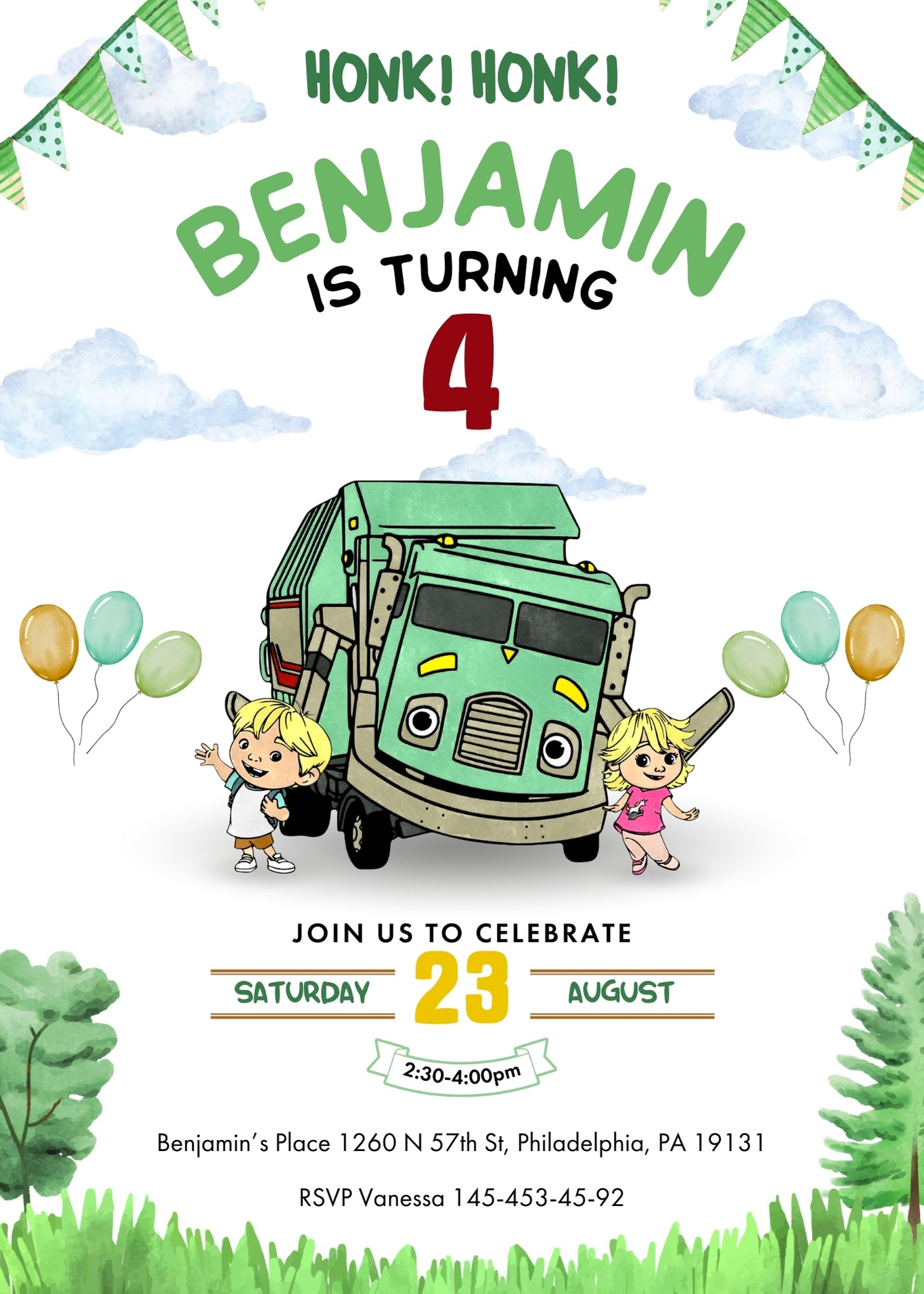 Trash Green Truck customizable invitation template | Share or Print | ZG107