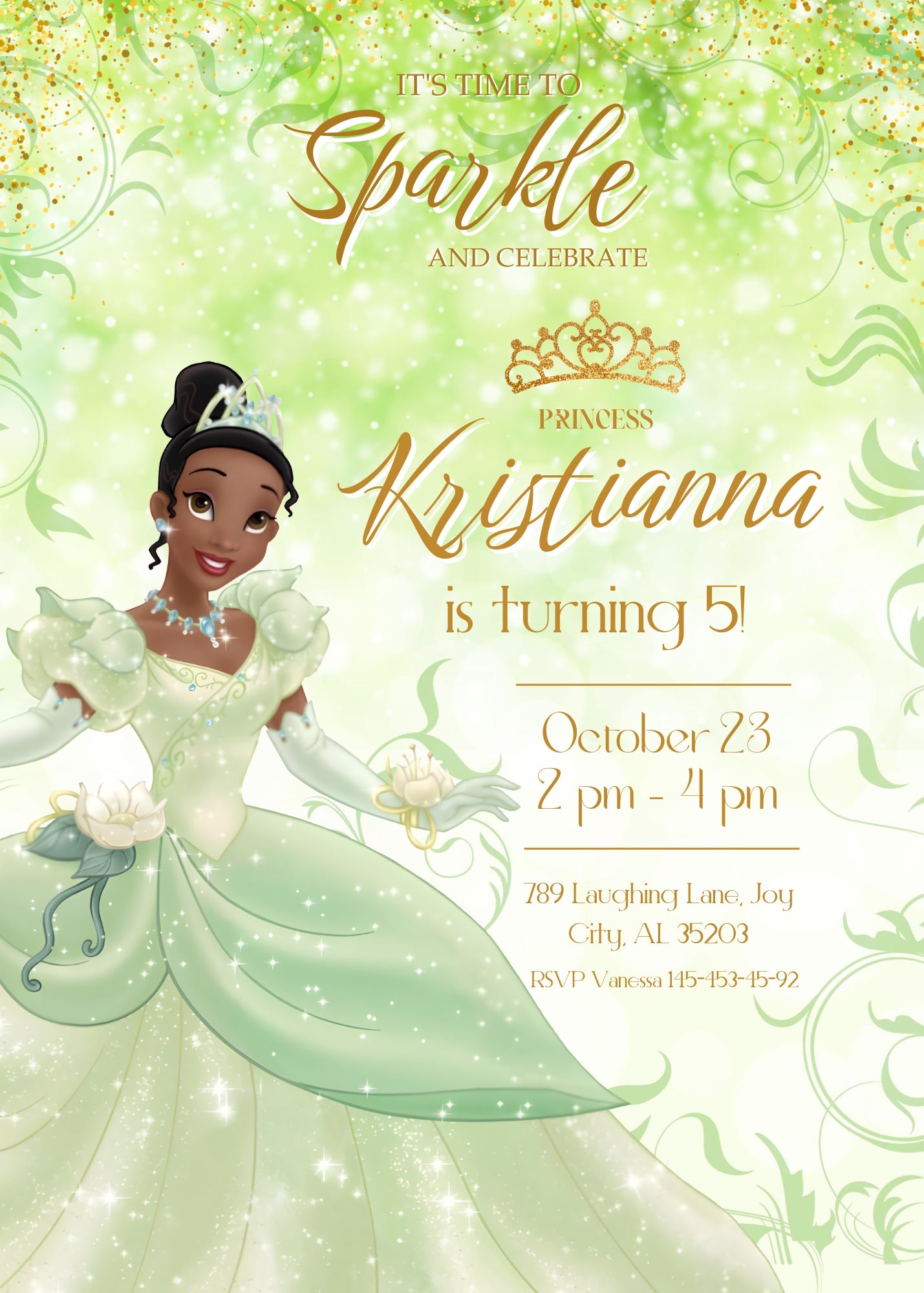 Tiana Frog Princess customizable invitation template | Share or Print | girl | UX654