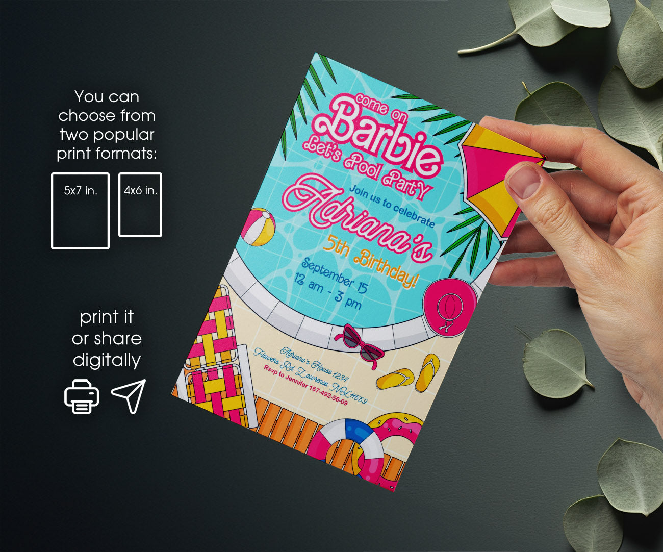 Barbie Pool Pink customizable invitation template | Share or Print | girl | CV745