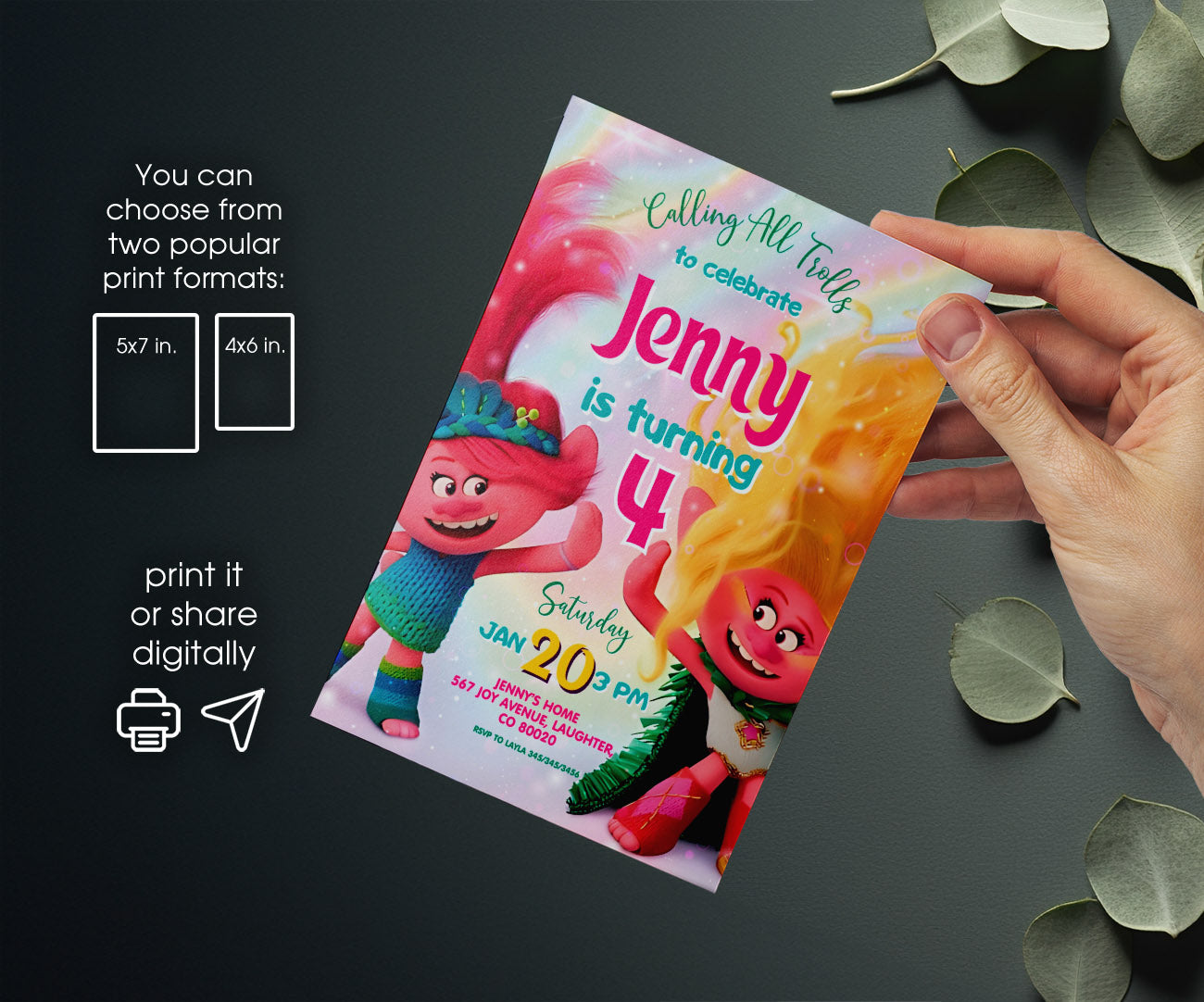 Trolls Poppy customizable invitation template | Share or Print | BS329