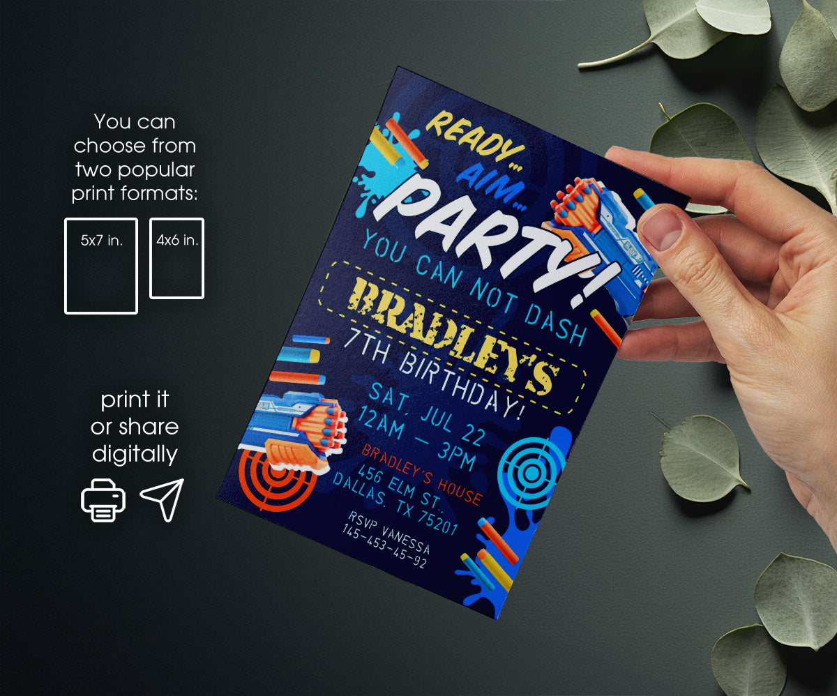 Dart Gun NERF Blaster customizable invitation template | Share or Print | boy | RV856