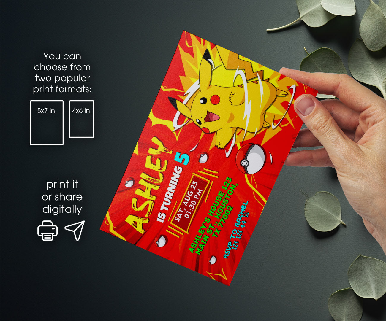 Pokemon Pikachu customizable invitation template | Share or Print | QO294