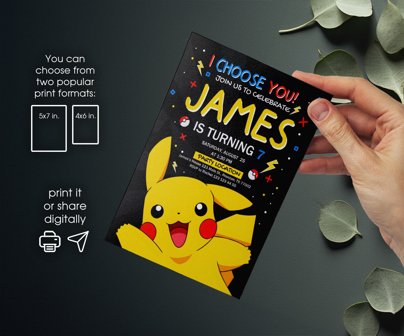 Pokemon Pikachu customizable invitation template | Share or Print | MC586