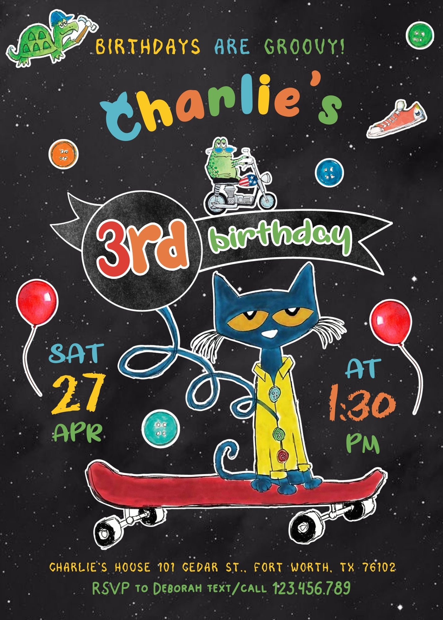 Pete the Cat customizable invitation template | Share or Print | CB452