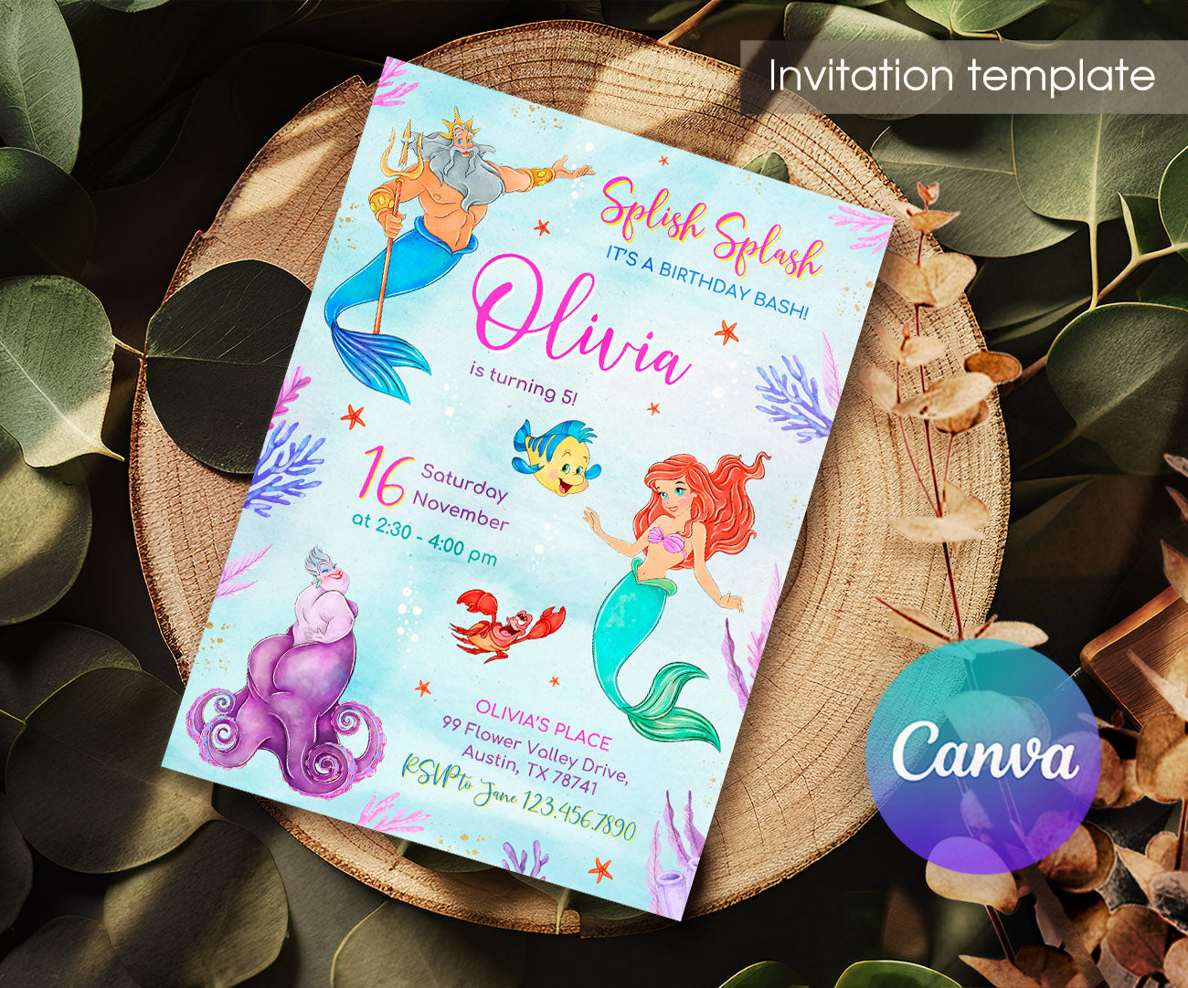 Ariel The Little Mermaid customizable invitation template | Share or Print | girl | DM230