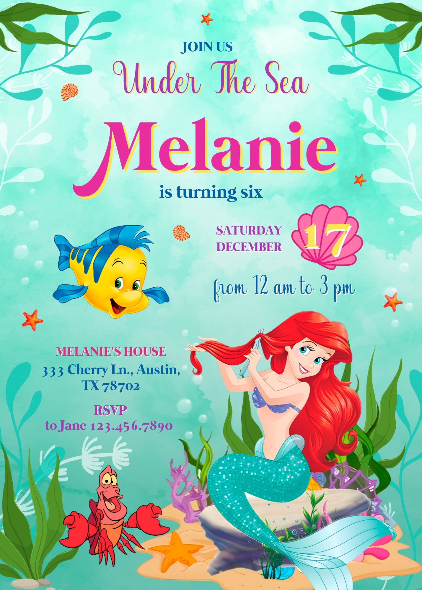 Ariel The Little Mermaid customizable invitation template | Share or Print | girl | UA743