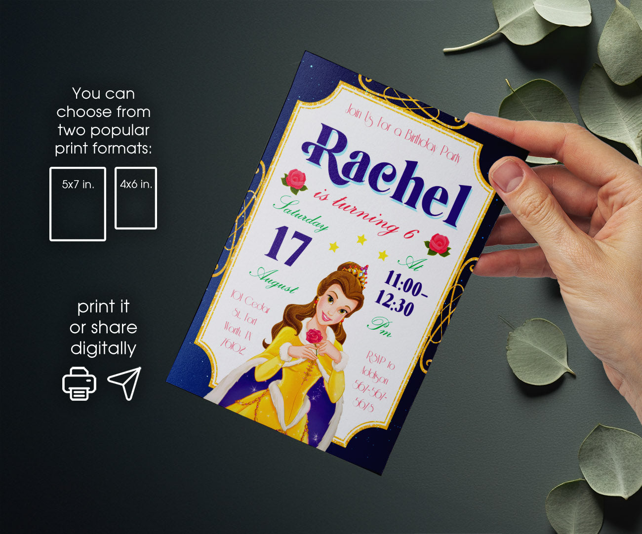 Belle Beauty And The Beast customizable invitation template | Share or Print | girl | XJ777