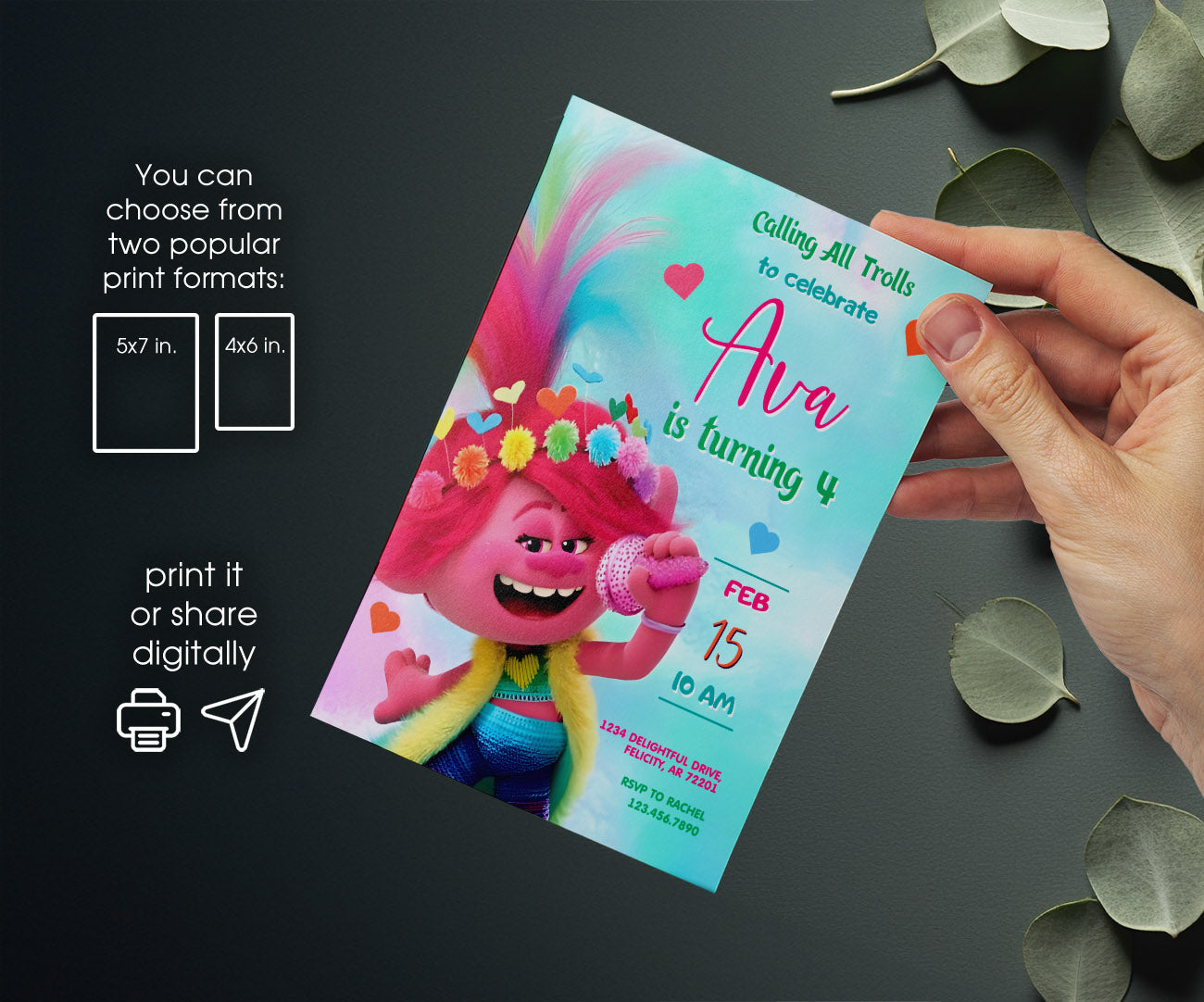 Trolls Poppy customizable invitation template | Share or Print | GI074