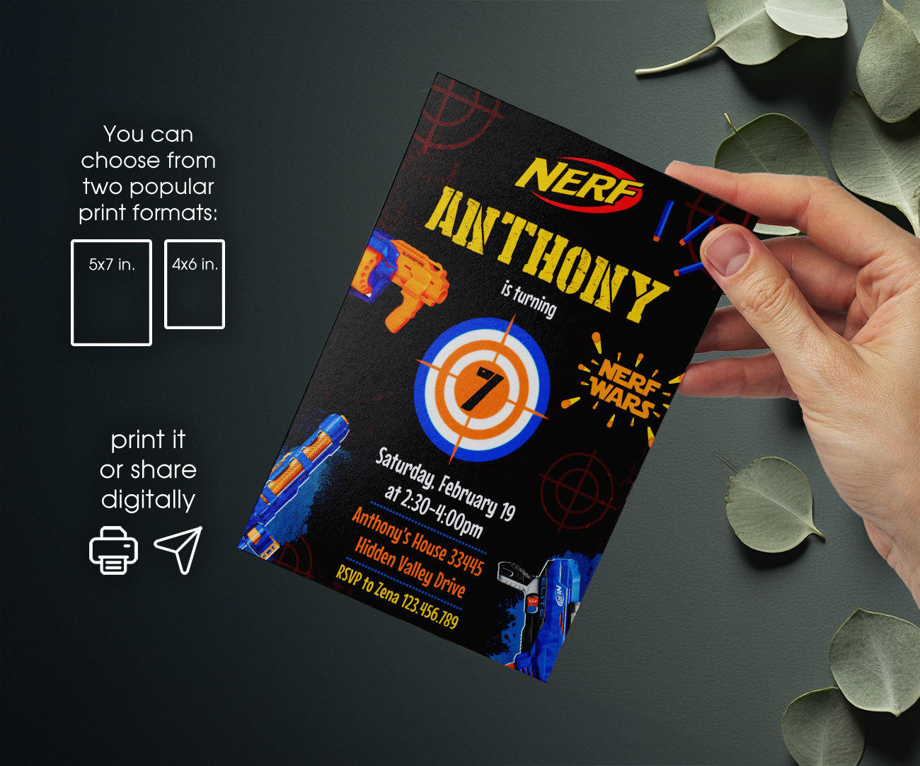 NERF Dart Wars customizable invitation template | Share or Print | boy | KG627