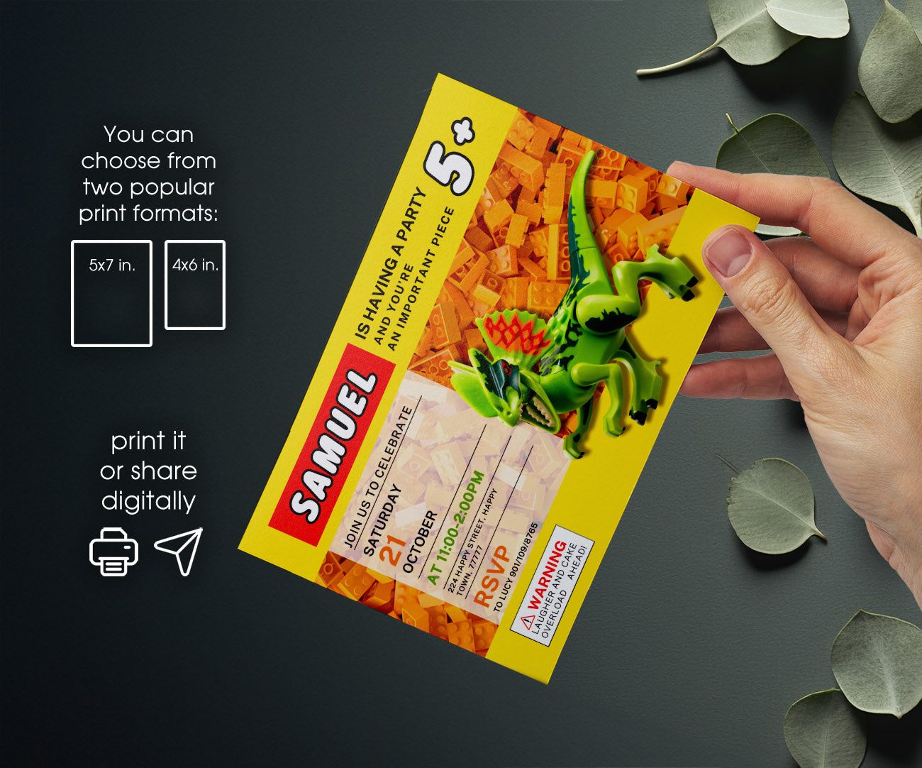 Lego Dinosaur T-Rex customizable invitation template | Share or Print | JU069