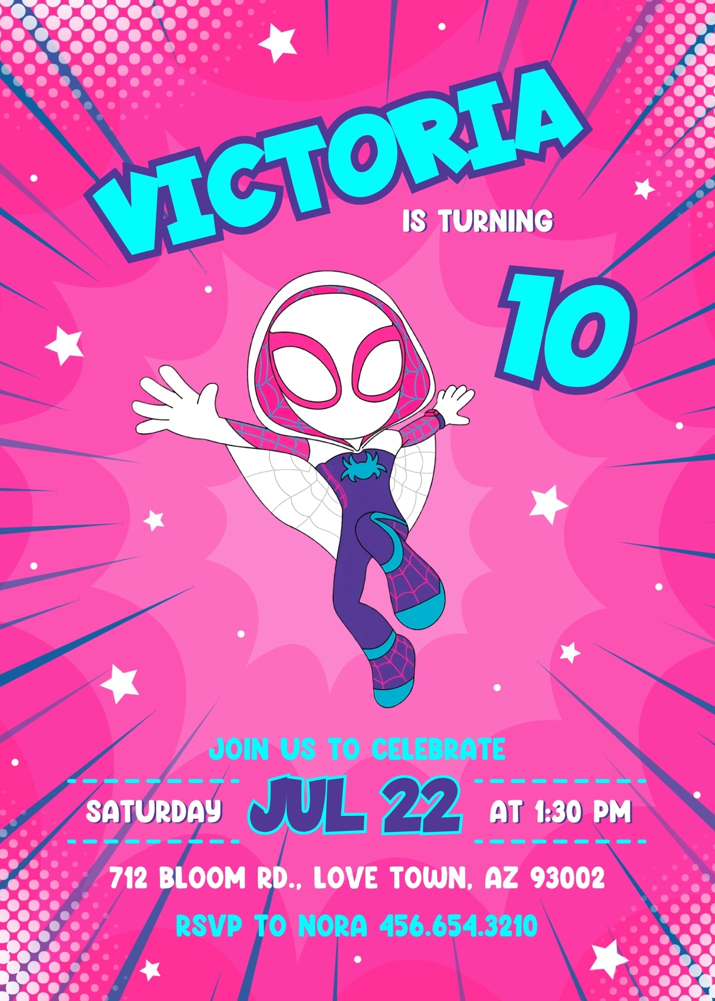 Spider Gwen Ghost Spidey customizable invitation template | Share or Print | girl | EX057