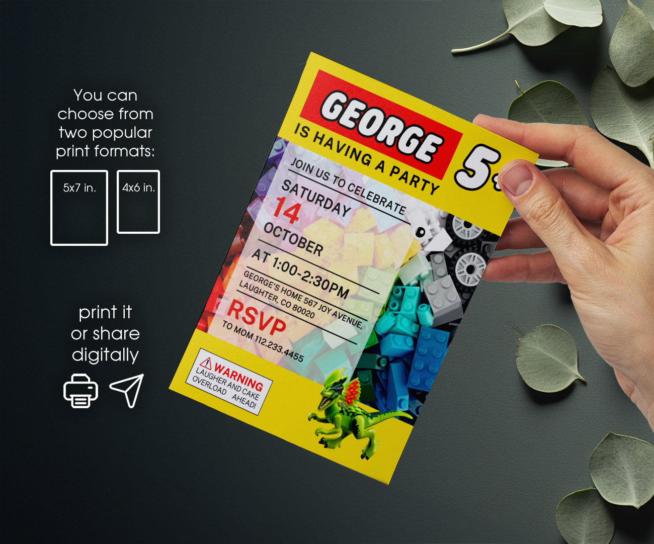 Lego Dinosaur T-Rex customizable invitation template | Share or Print | GA349
