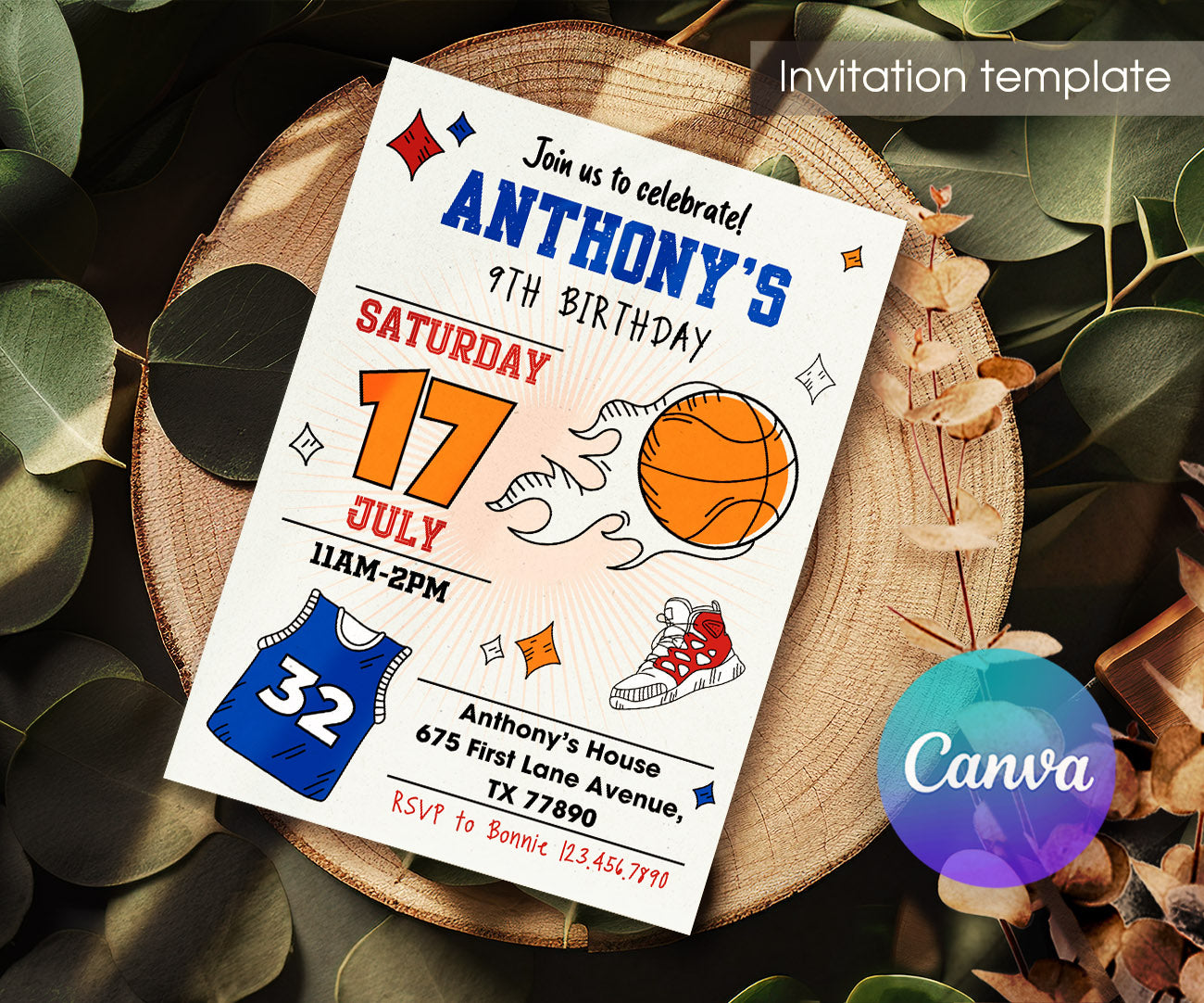 Basketball NBA Slam Dunk customizable invitation template | Share or Print | boy | PI857