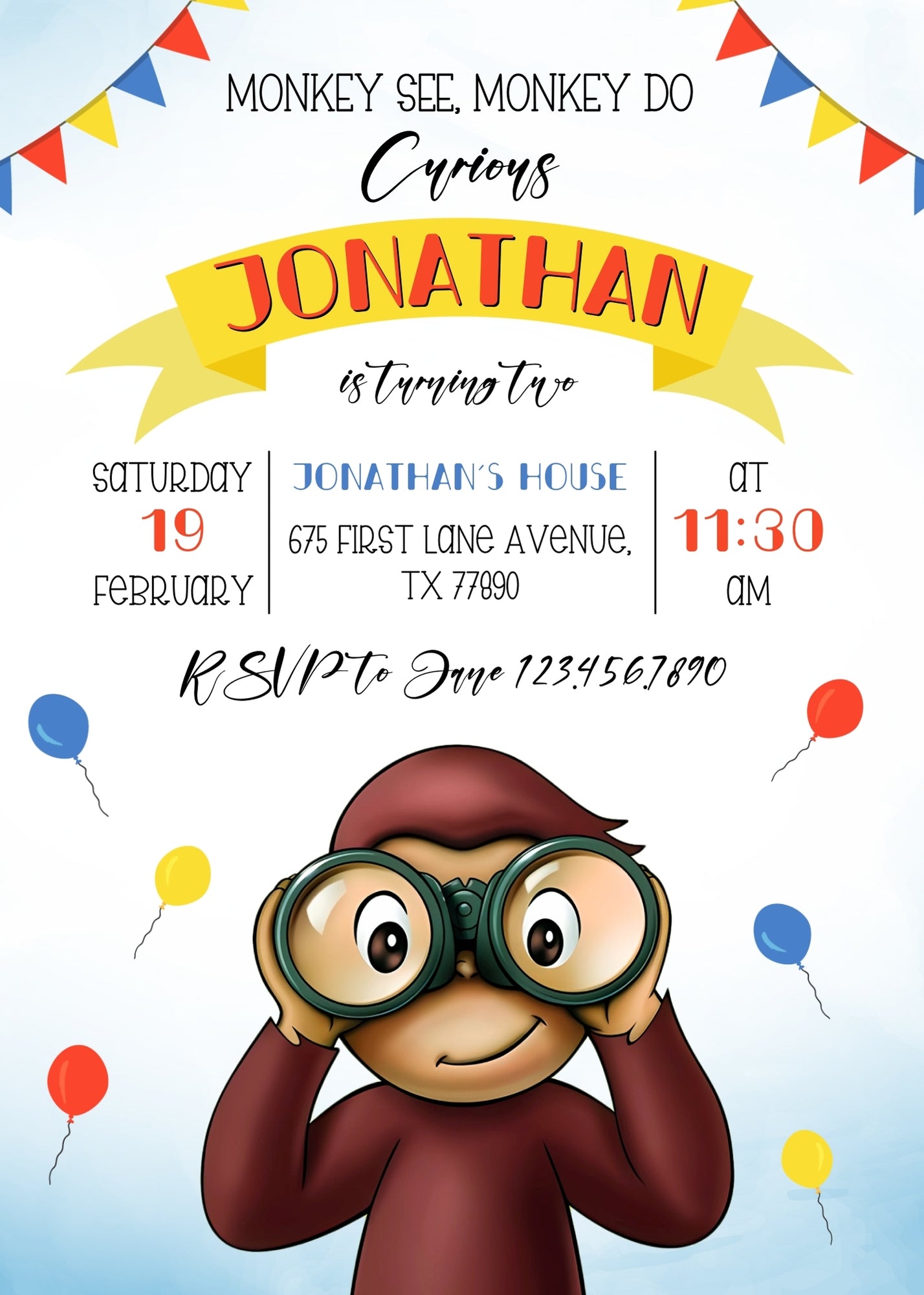 Curious George Monkey customizable invitation template | Share or Print | XX151