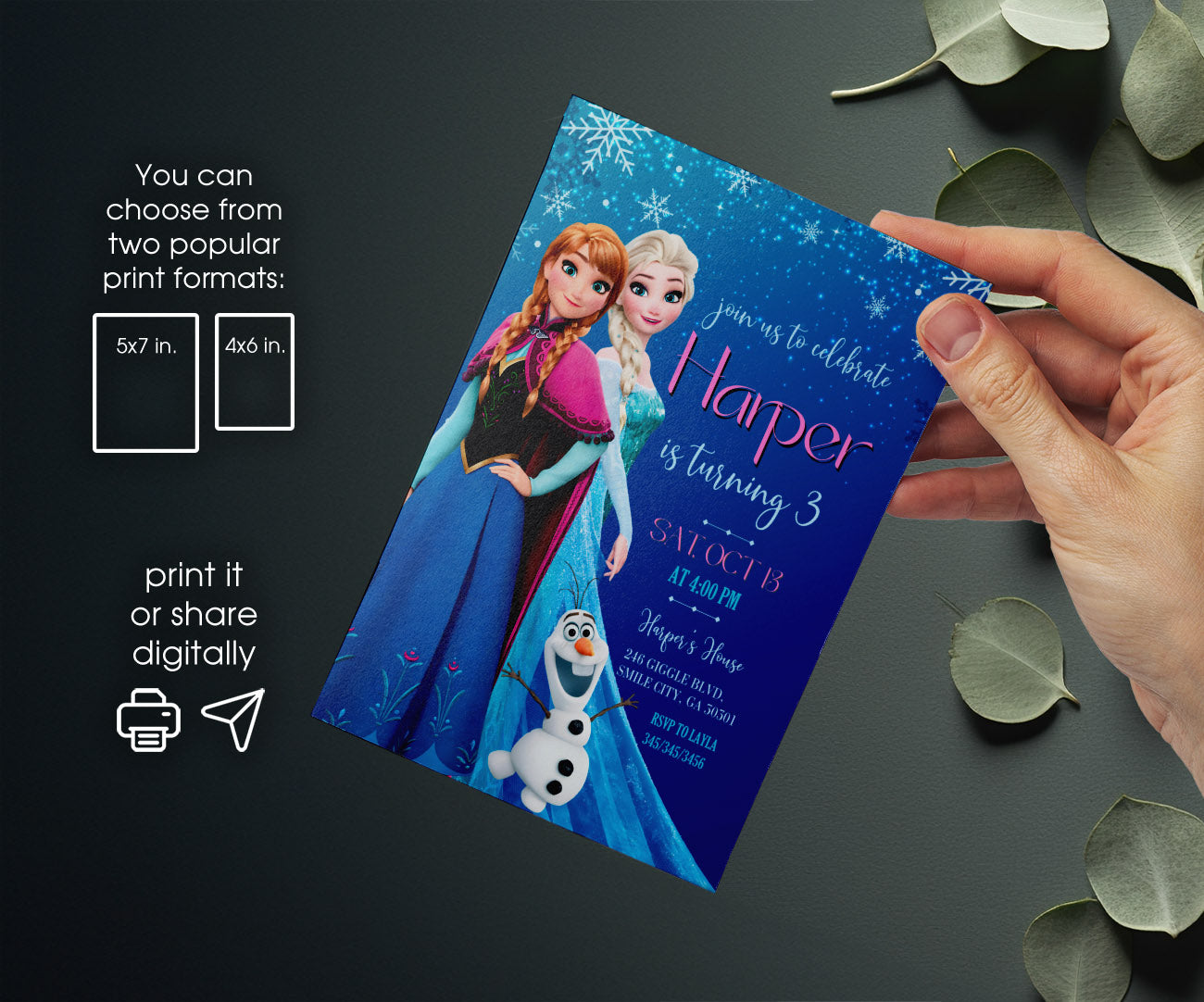 Frozen Elsa customizable invitation template | Share or Print | girl | FW446