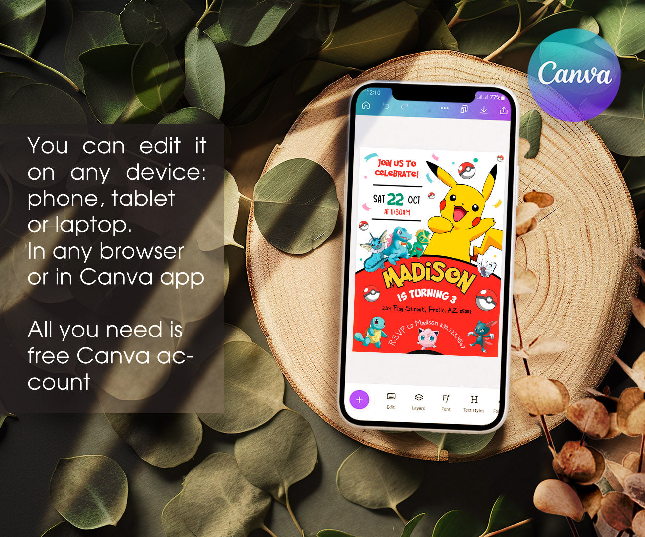 Pokemon Pikachu customizable invitation template | Share or Print | KT223