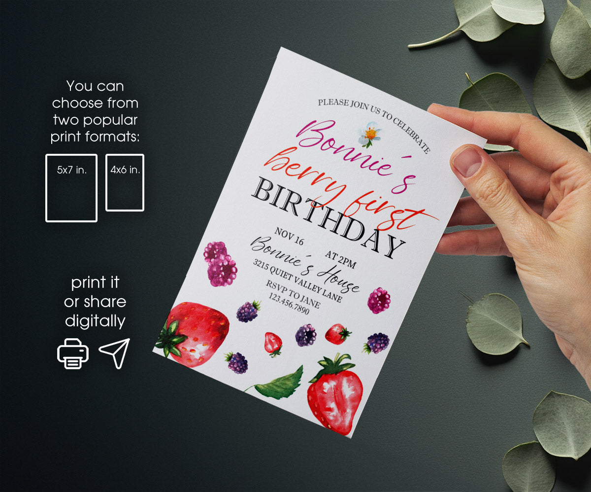 Berry First Birthday customizable invitation template | Share or Print | girl | SN041