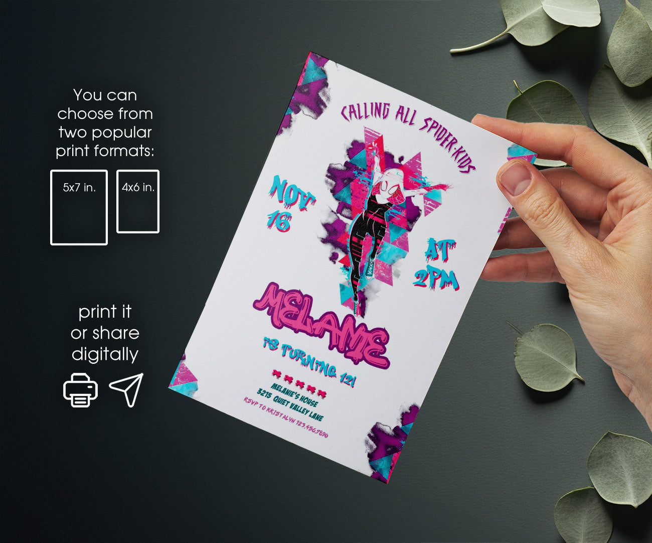 Spider Gwen Ghost Spidey customizable invitation template | Share or Print | girl | NY415
