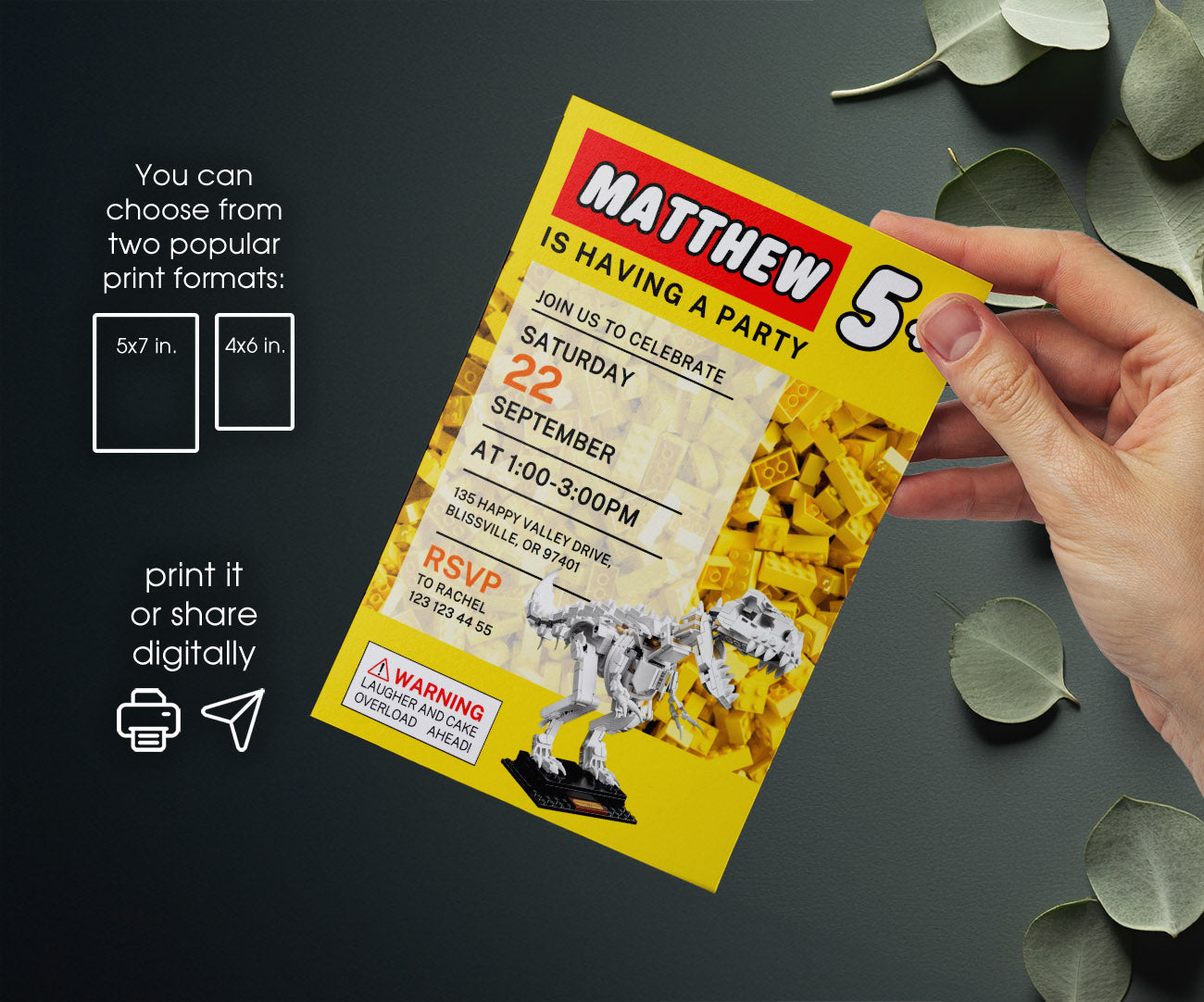 Lego Dinosaur T-Rex customizable invitation template | Share or Print | WE614