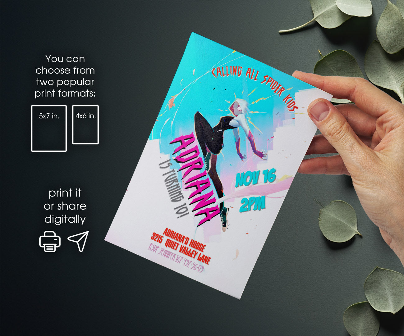 Spider Gwen Ghost Spidey customizable invitation template | Share or Print | girl | VB704