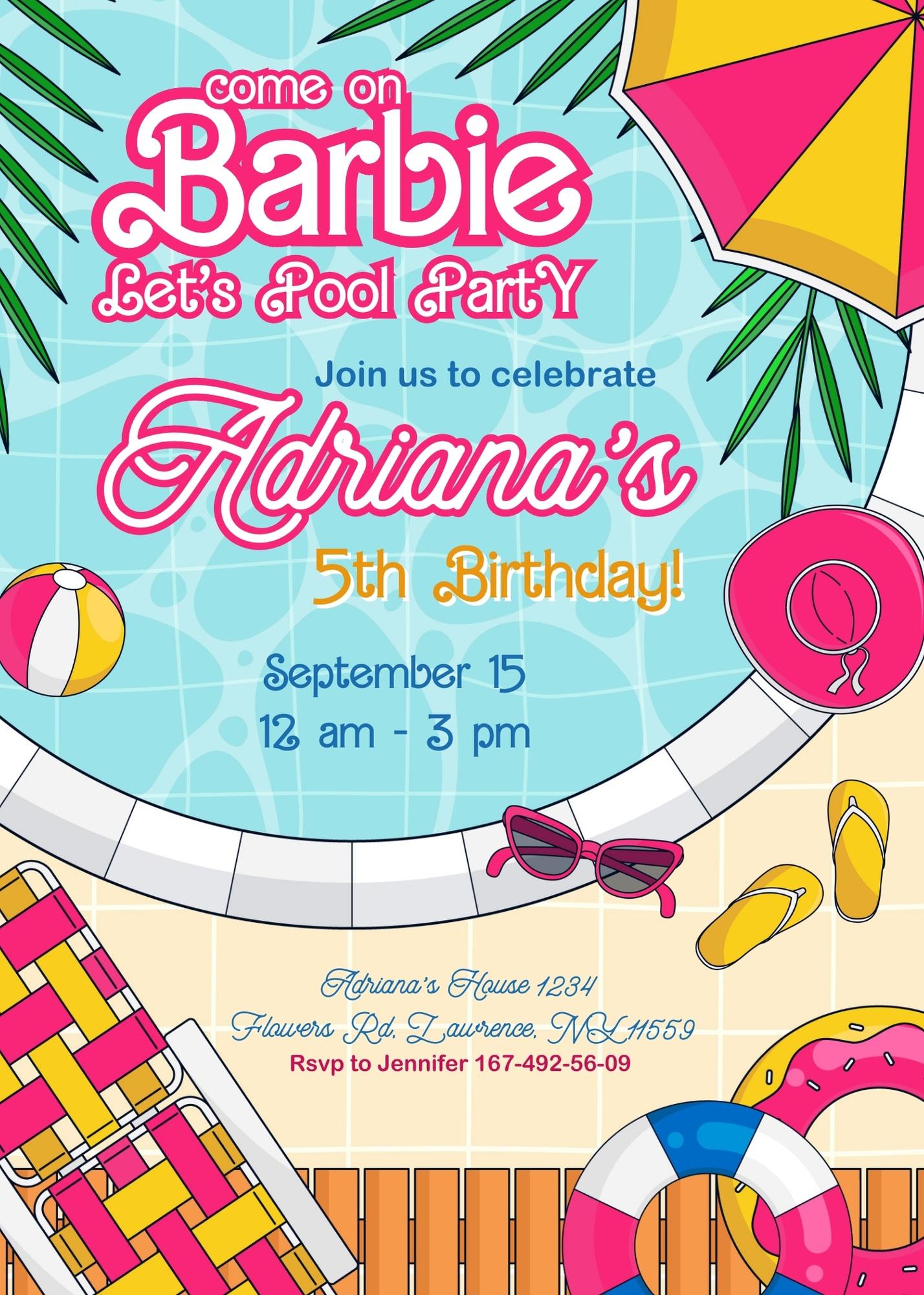 Barbie Pool Pink customizable invitation template | Share or Print | girl | CV745