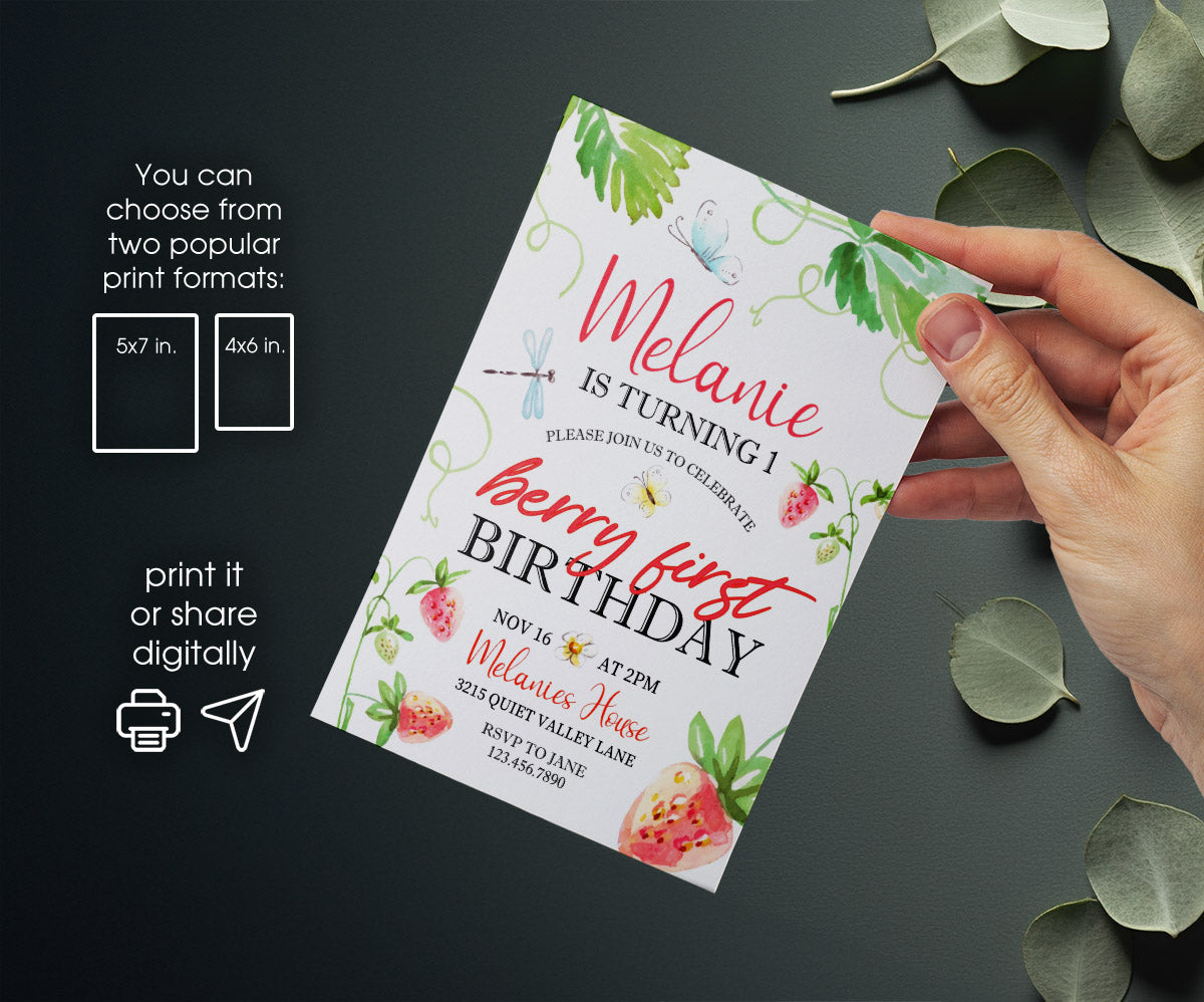Berry First Birthday customizable invitation template | Share or Print | girl | GR803